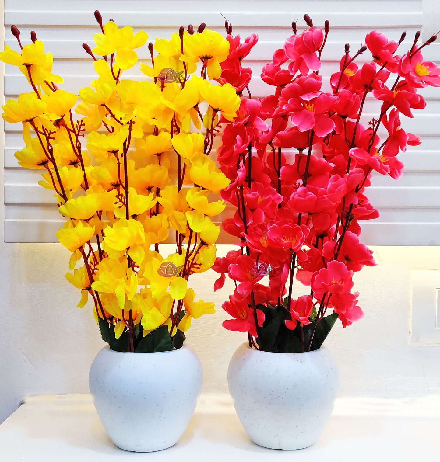ARTSY® Artificial Flowers With Pot For Home Decoration, Office Decor Cherry Blossom combo, Maroon, Yellow, Pack of 2 Pieces.