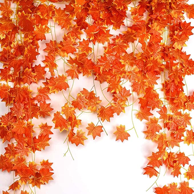 ARTSY® Artificial hanging flowers for wall decoration, artificial plants for home decor, maple plant leaves for decoration, office decor, craft, gifting, pack of 3 pieces, 7 feet long each, orange