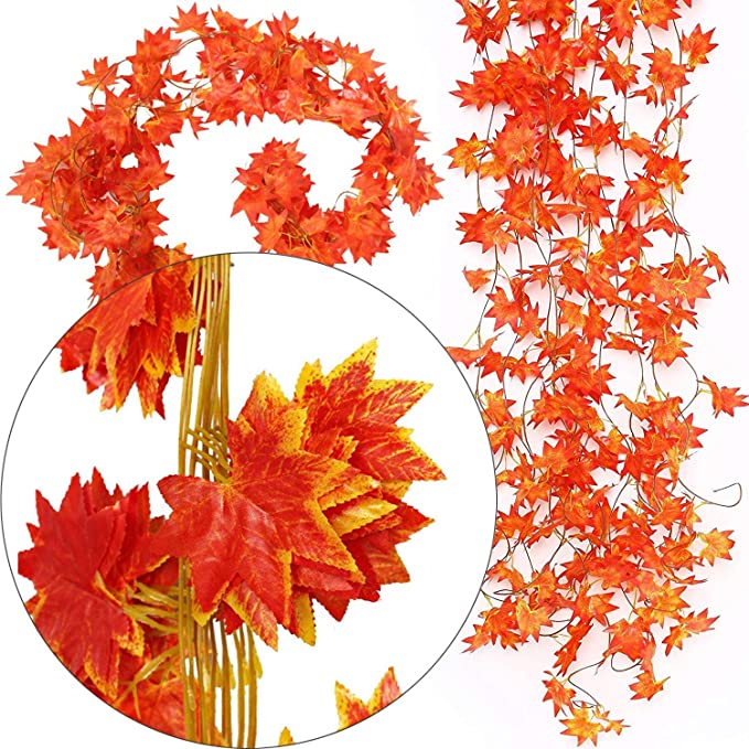 ARTSY® Artificial hanging flowers for wall decoration, artificial plants for home decor, maple plant leaves for decoration, office decor, craft, gifting, pack of 3 pieces, 7 feet long each, orange