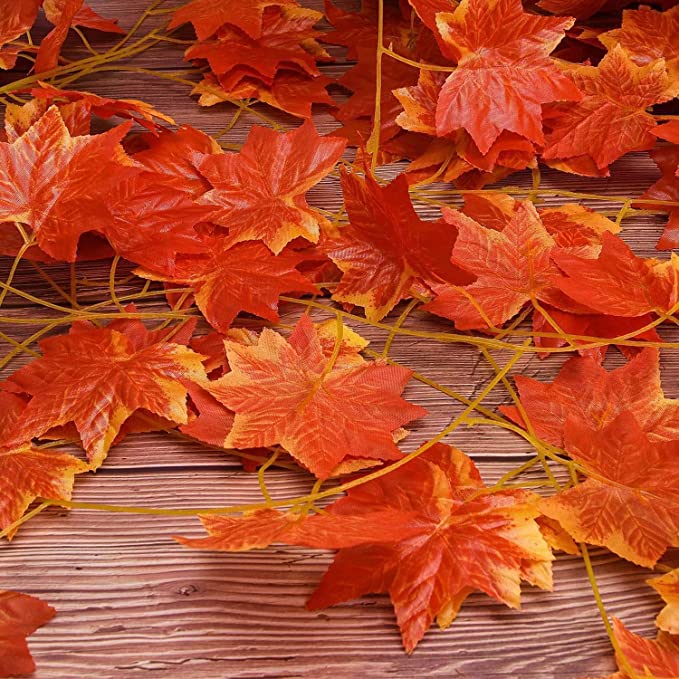 ARTSY® Artificial hanging flowers for wall decoration, artificial plants for home decor, maple plant leaves for decoration, office decor, craft, gifting, pack of 3 pieces, 7 feet long each, orange
