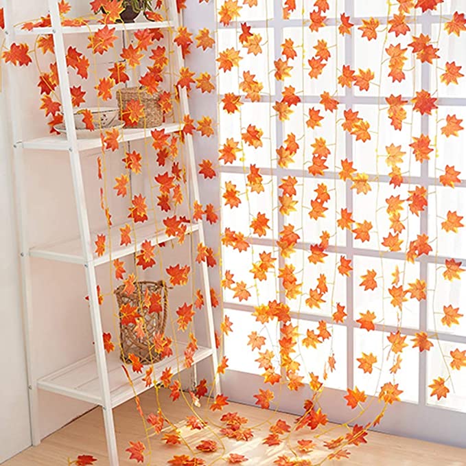 ARTSY® Artificial hanging flowers for wall decoration, artificial plants for home decor, maple plant leaves for decoration, office decor, craft, gifting, pack of 4 pieces, 7 feet long each, orange