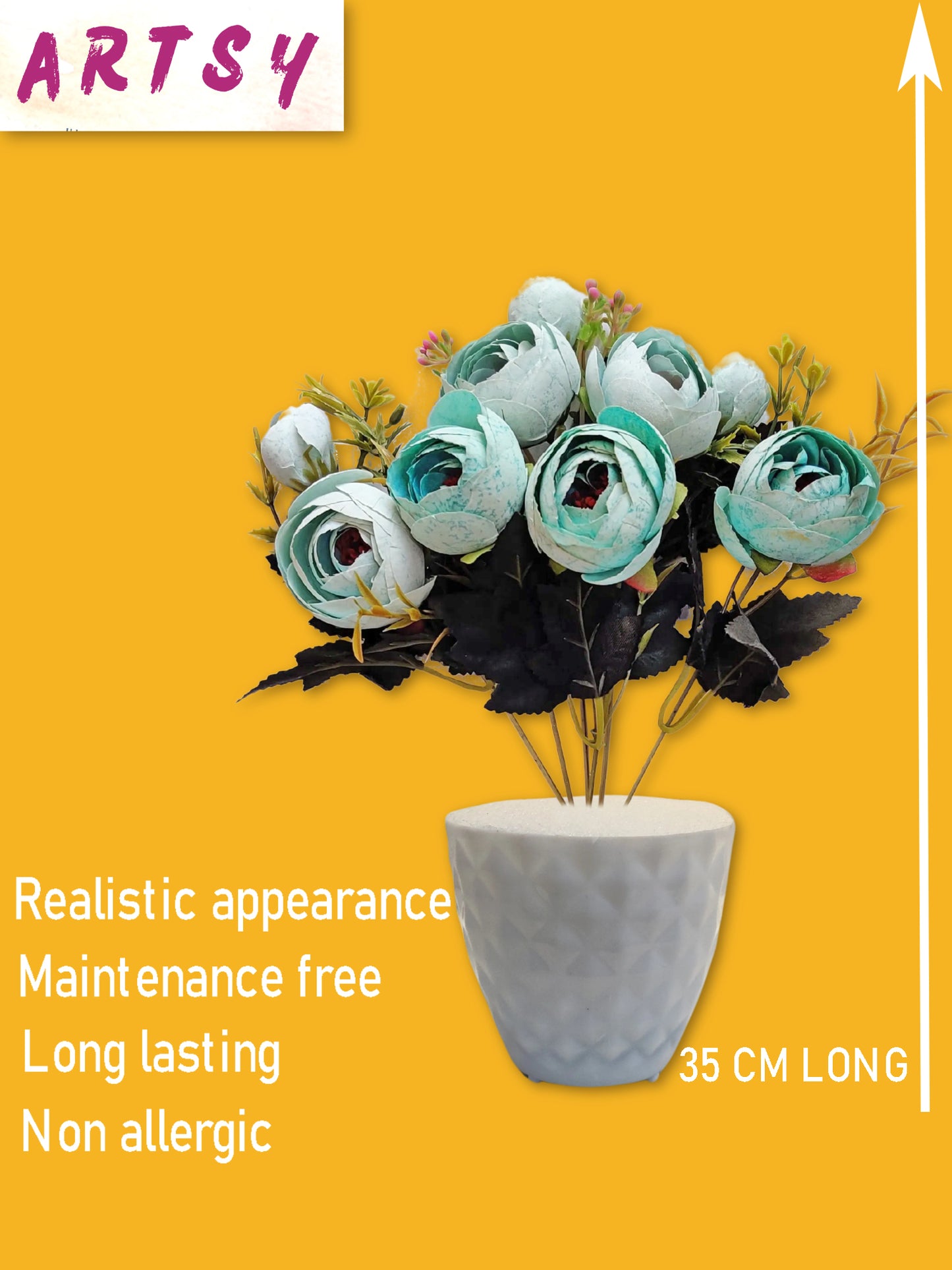 ARTSY® Artificial flowers with pot for Home decoration, table top, office decor, peony flowers, craft, gift, 35 cm height, Green, Pack of 1 Piece