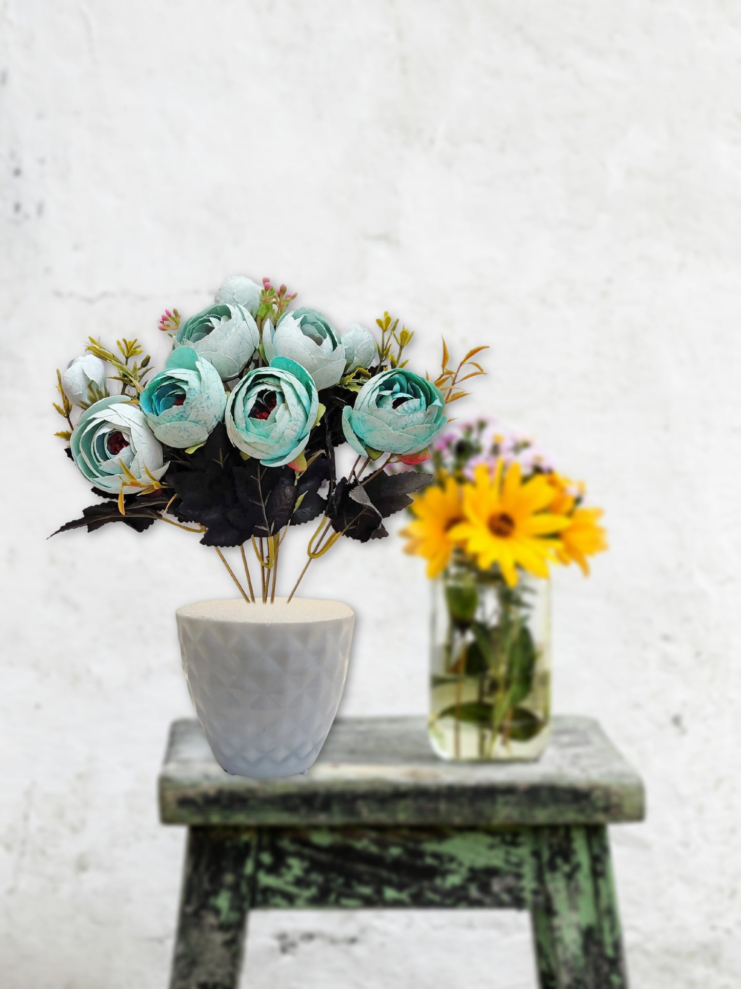 ARTSY® Artificial flowers with pot for Home decoration, table top, office decor, peony flowers, craft, gift, 35 cm height, Green, Pack of 1 Piece