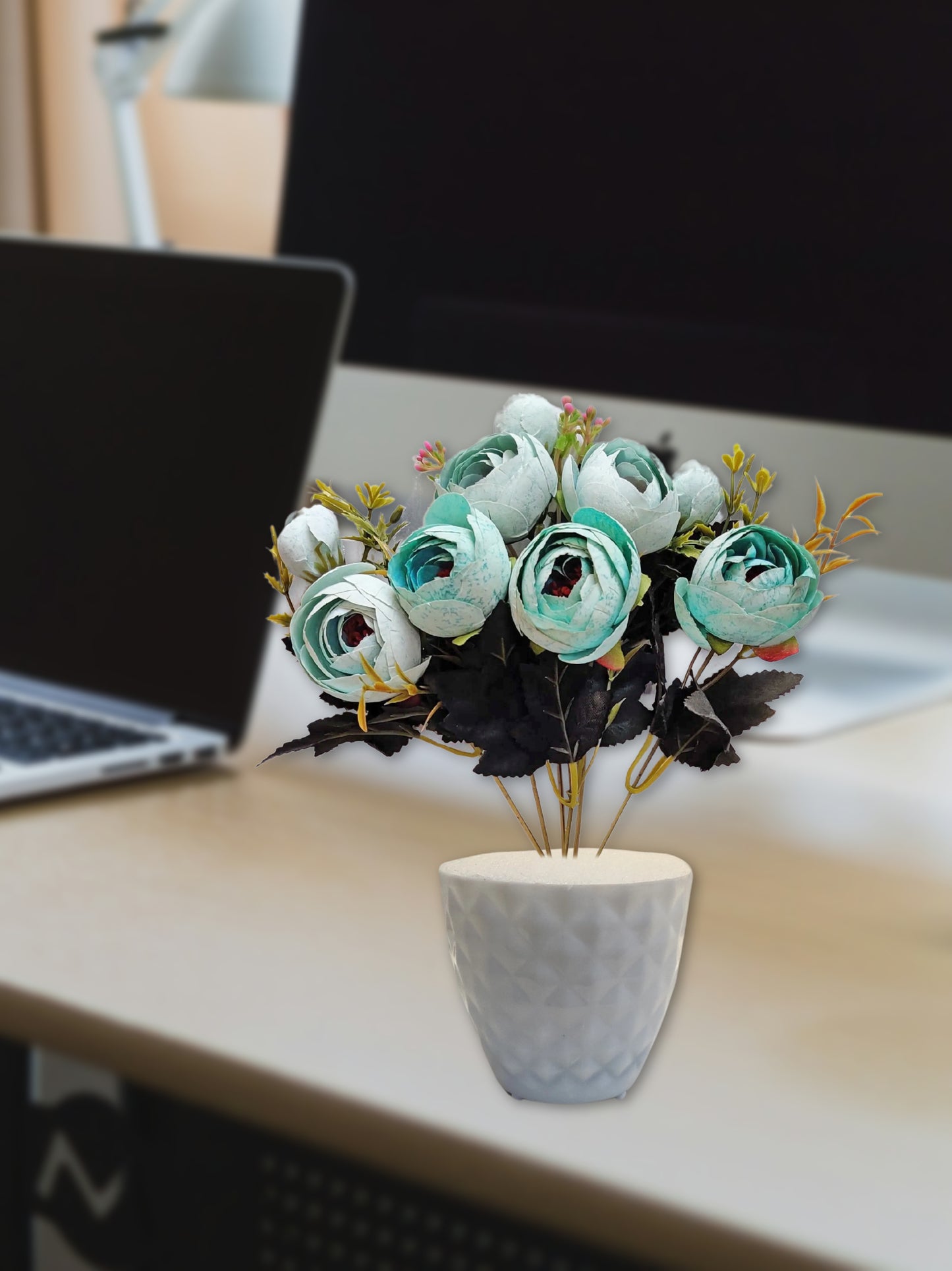 ARTSY® Artificial flowers with pot for Home decoration, table top, office decor, peony flowers, craft, gift, 35 cm height, Green, Pack of 1 Piece