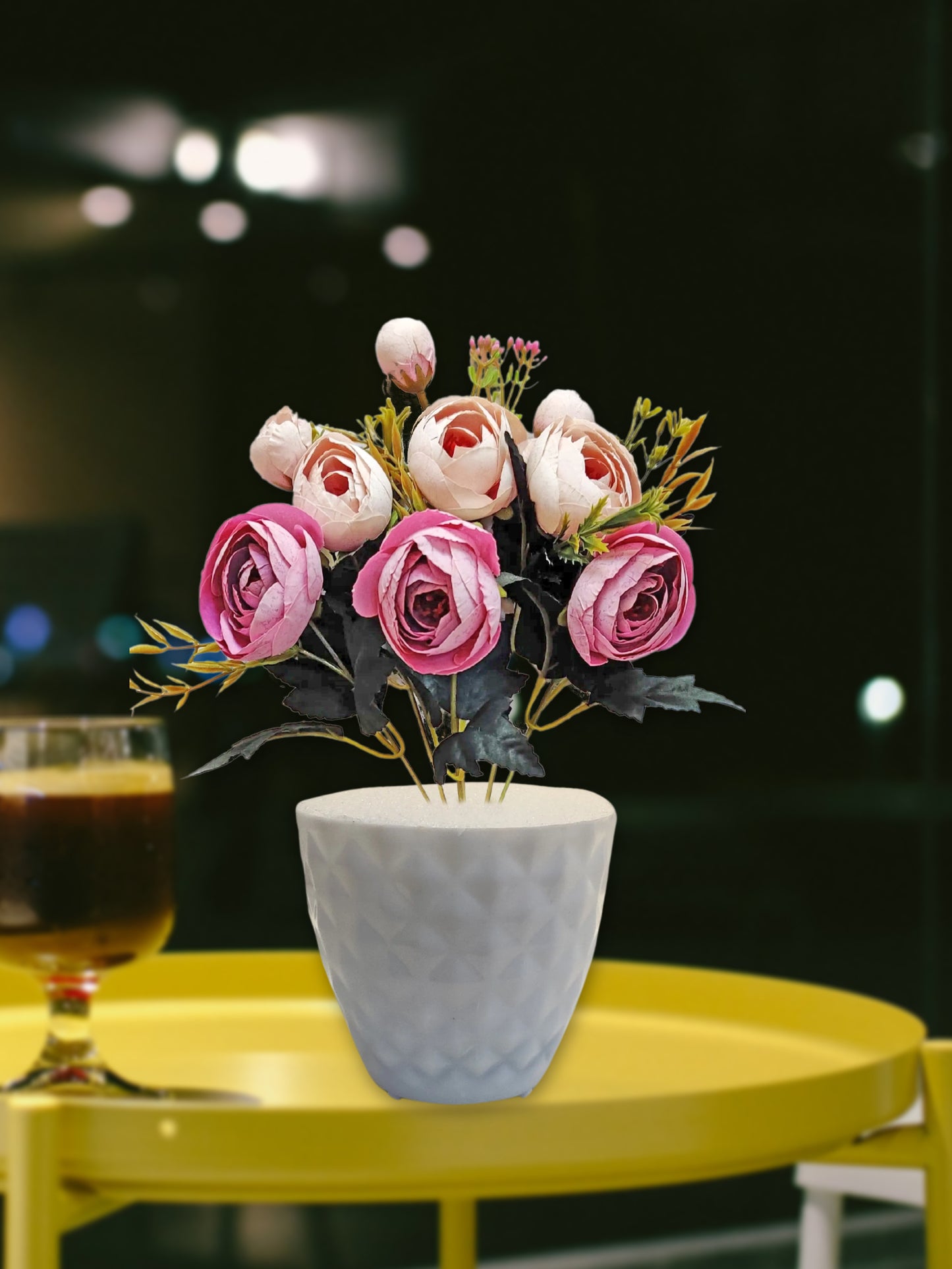 ARTSY® Artificial flowers with pot for Home decoration, table top, office decor, peony flowers, craft, gift, 35 cm height, Cream Purple, Pack of 1 Piece