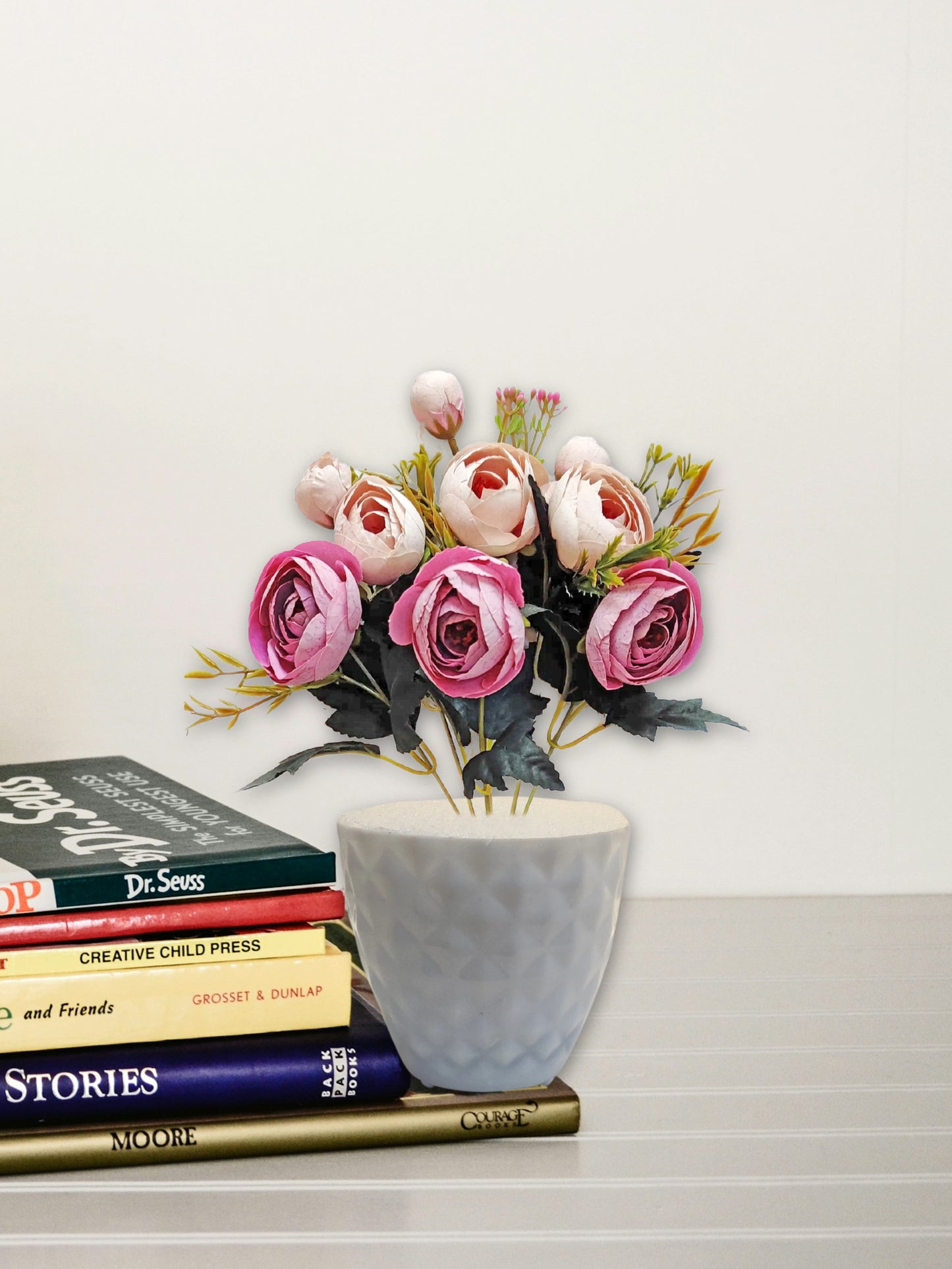 ARTSY® Artificial flowers with pot for Home decoration, table top, office decor, peony flowers, craft, gift, 35 cm height, Cream Purple, Pack of 1 Piece