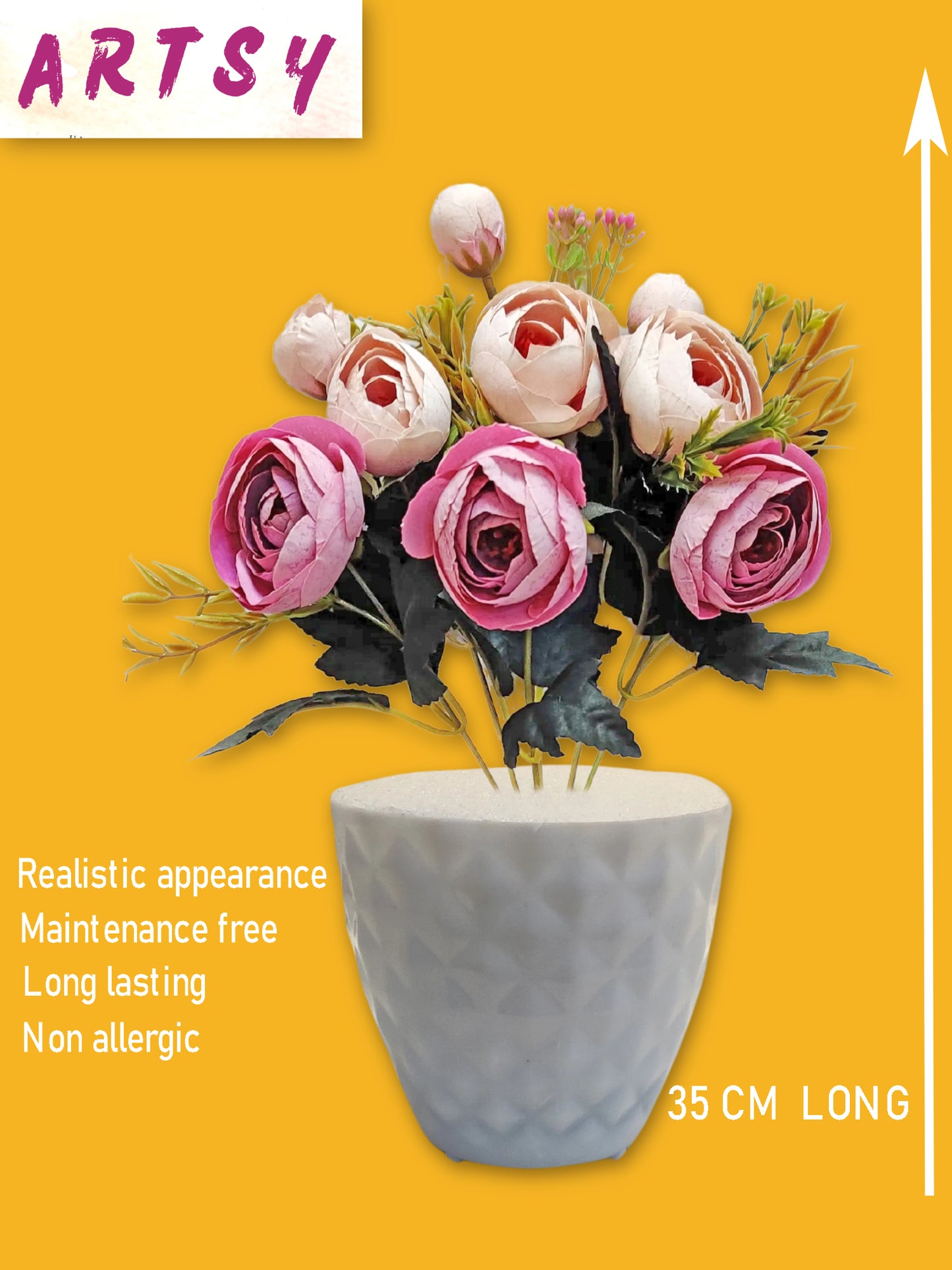 ARTSY® Artificial flowers with pot for Home decoration, table top, office decor, peony flowers, craft, gift, 35 cm height, Cream Purple, Pack of 1 Piece