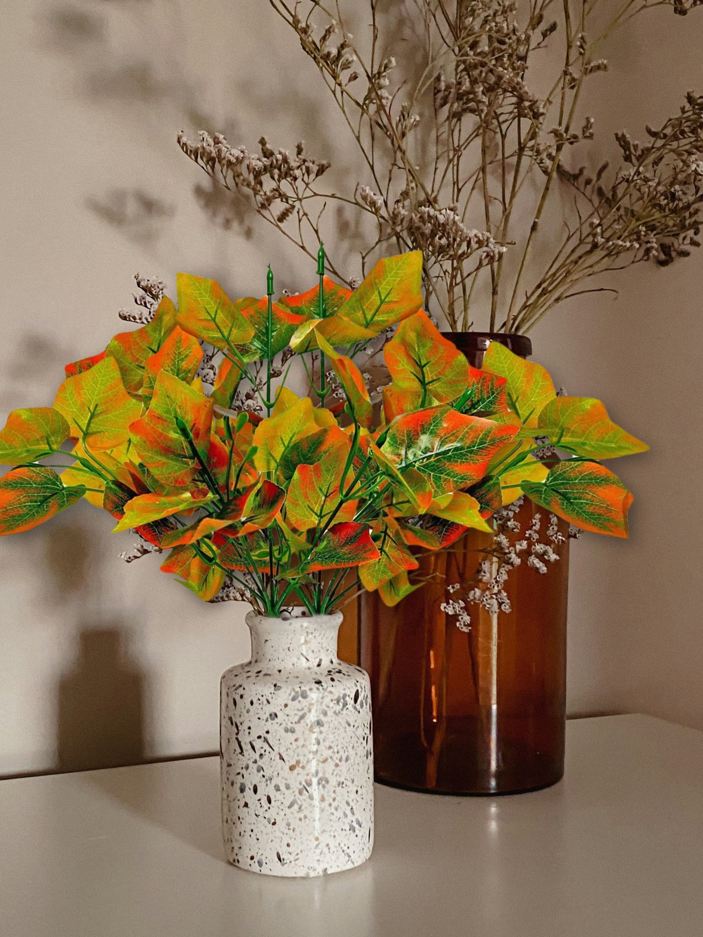 Artificial plants for home decor, maple plant leaves bunch for pot/vase, home/office decor, gift, craft, artificial flowers, without vase, combo pack of 2 pieces, 30 cm height, Green orange