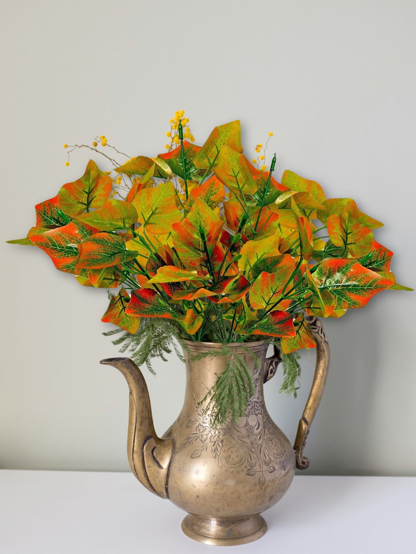 Artificial plants for home decor, maple plant leaves bunch for pot/vase, home/office decor, gift, craft, artificial flowers, without vase, combo pack of 2 pieces, 30 cm height, Green orange