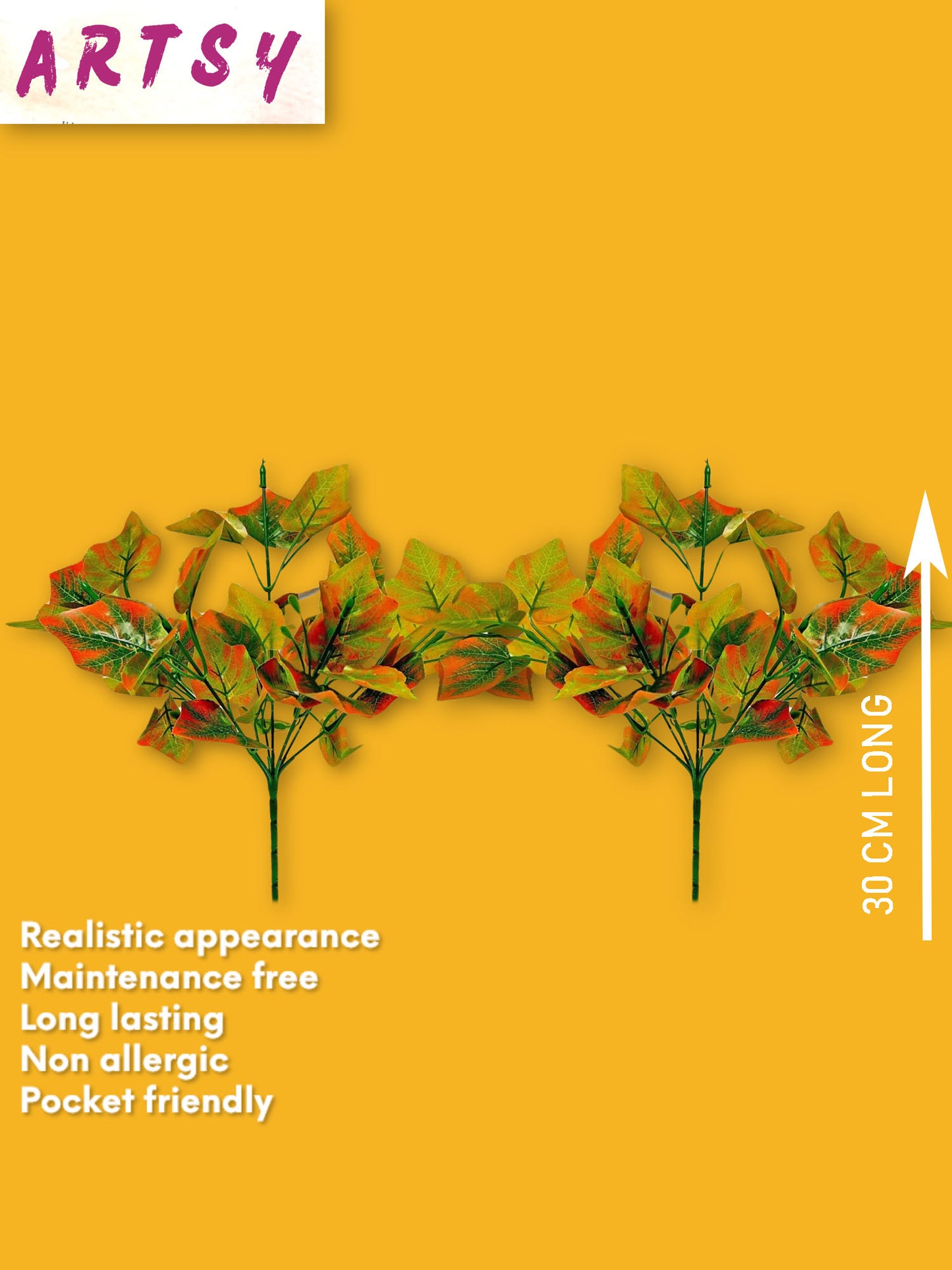 Artificial plants for home decor, maple plant leaves bunch for pot/vase, home/office decor, gift, craft, artificial flowers, without vase, combo pack of 2 pieces, 30 cm height, Green orange