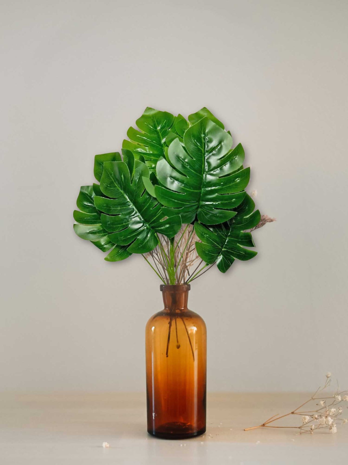 Artificial plants for home decor, big plant leaves bunch for pot/vase, home/office decor, gift, craft, artificial flowers, without vase, Pack of 1 piece, 45 cm height, Monstera Green