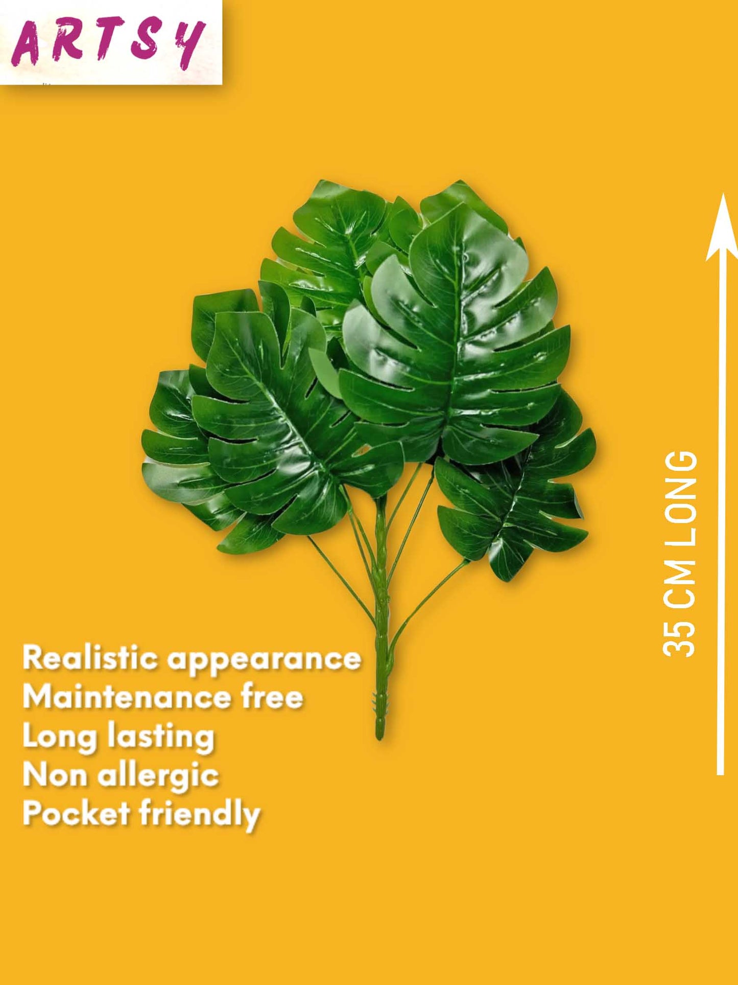 Artificial plants for home decor, big plant leaves bunch for pot/vase, home/office decor, gift, craft, artificial flowers, without vase, Pack of 1 piece, 45 cm height, Monstera Green