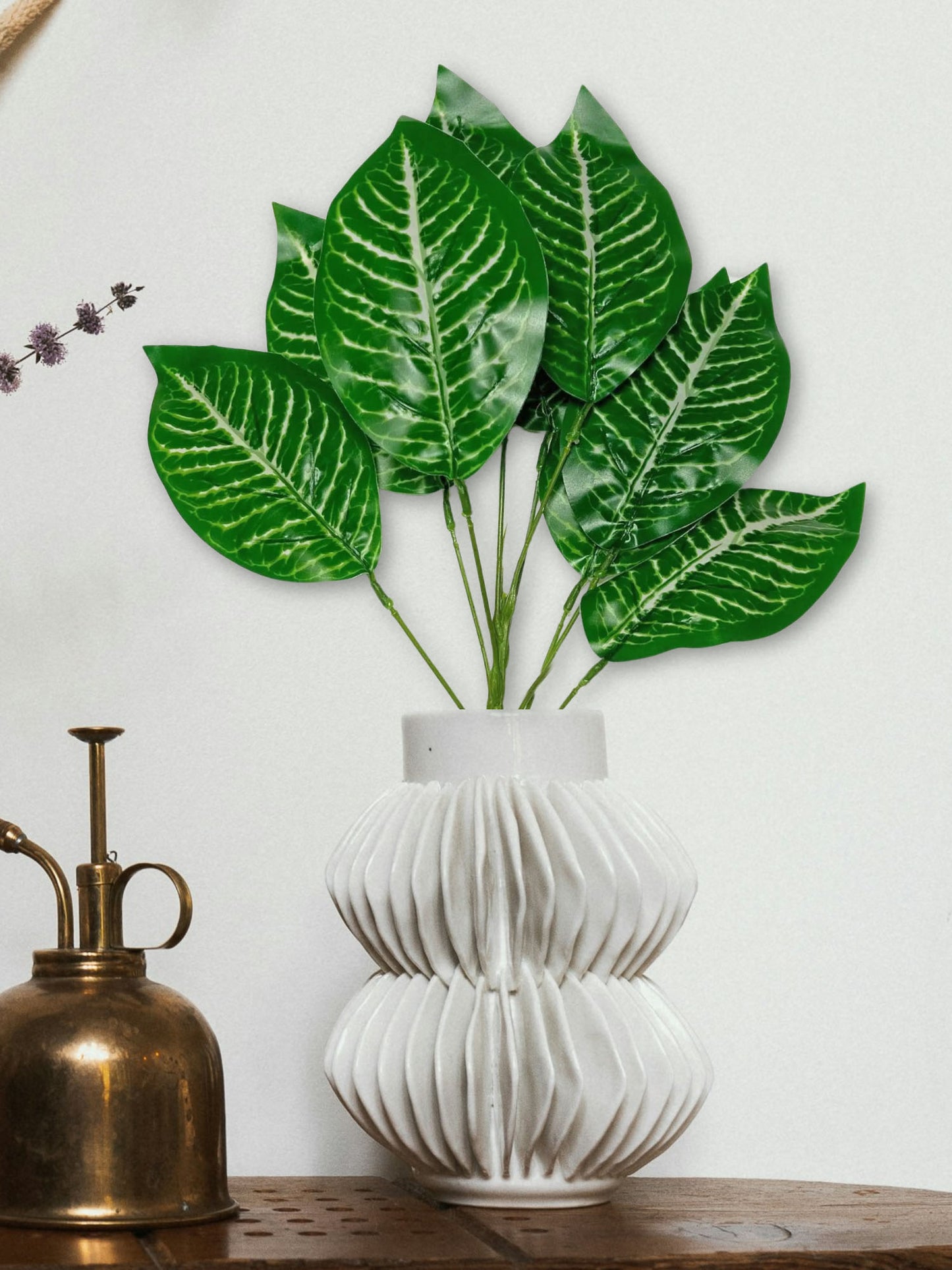 Artificial plants for home decor, big plant leaves bunch for pot/vase, home/office decor, gift, craft, artificial flowers, without vase, Pack of 1 piece, 45 cm height, Green white