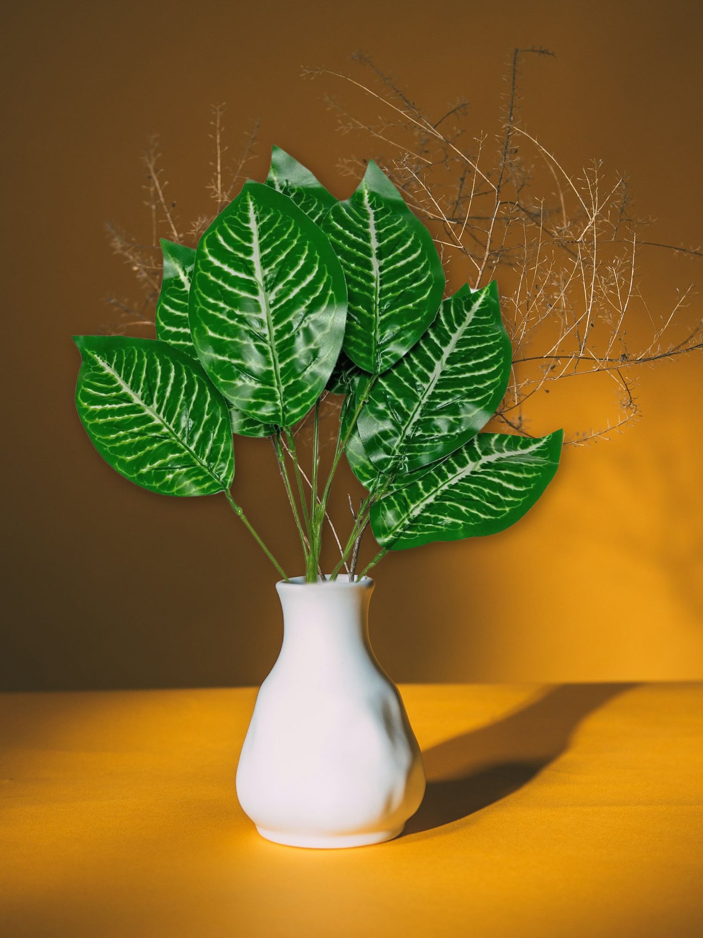 Artificial plants for home decor, big plant leaves bunch for pot/vase, home/office decor, gift, craft, artificial flowers, without vase, Pack of 1 piece, 45 cm height, Green white