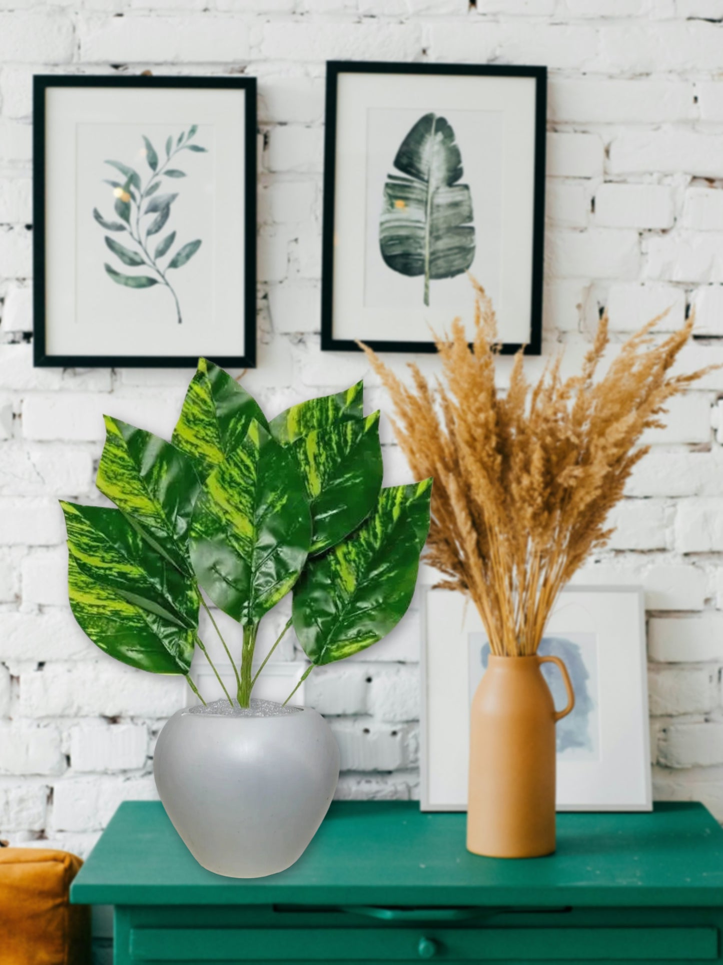Artificial plants for home decor, big size plant leaves bunch with pot for home/office decor, gift, craft, artificial flowers, 40 cm height, pack of 1 piece, Yellow green