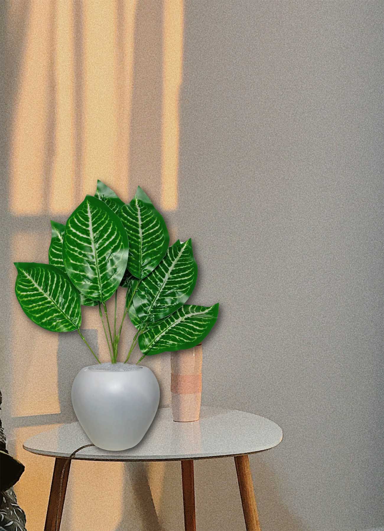 Artificial plants for home decor, big size plant leaves bunch with pot for home/office decor, gift, craft, artificial flowers, 40 cm height, pack of 1 piece, Green white