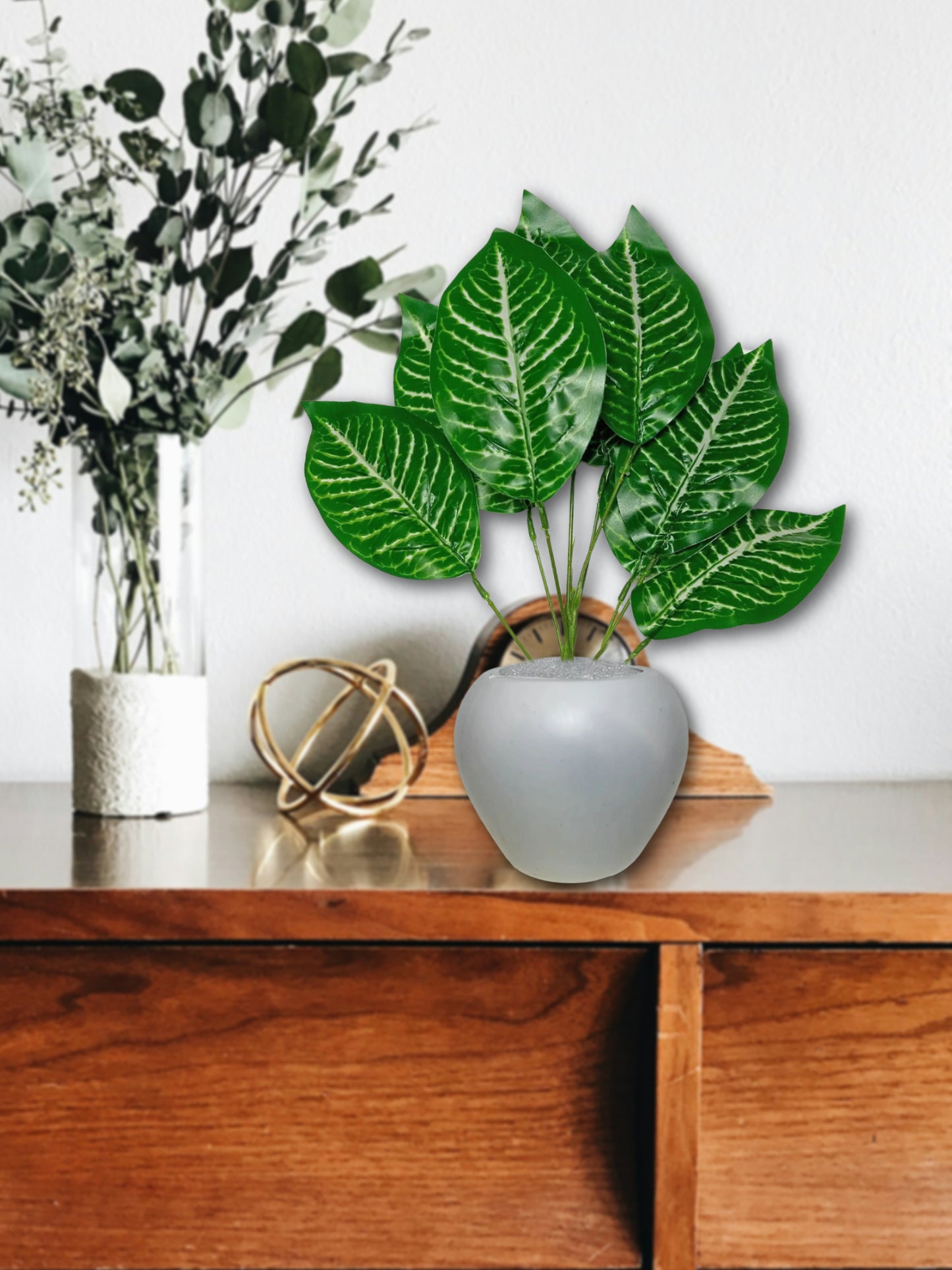 Artificial plants for home decor, big size plant leaves bunch with pot for home/office decor, gift, craft, artificial flowers, 40 cm height, pack of 1 piece, Green white