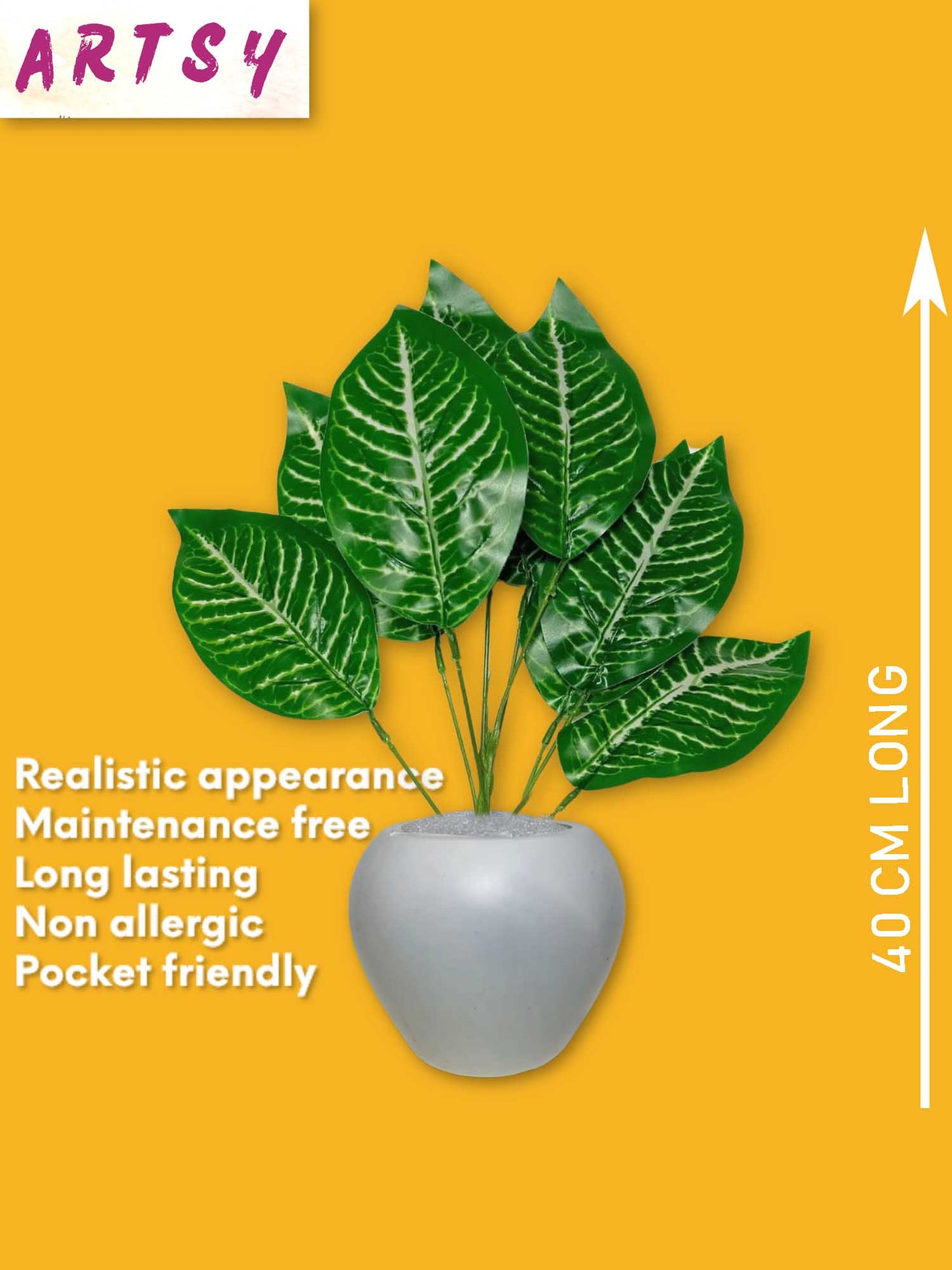 Artificial plants for home decor, big size plant leaves bunch with pot for home/office decor, gift, craft, artificial flowers, 40 cm height, pack of 1 piece, Green white