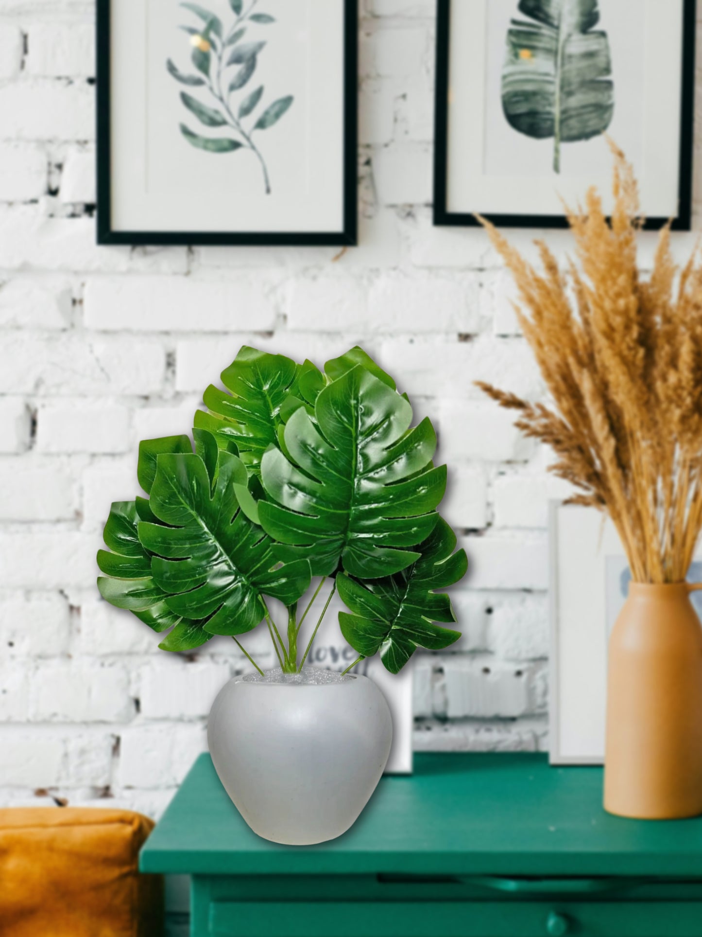 Artificial plants for home decor, big size plant leaves bunch with pot for home/office decor, gift, craft, artificial flowers, 40 cm height, pack of 1 piece, Monstera green