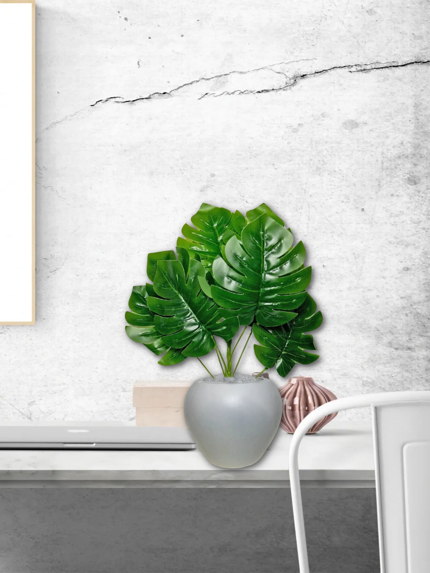 Artificial plants for home decor, big size plant leaves bunch with pot for home/office decor, gift, craft, artificial flowers, 40 cm height, pack of 1 piece, Monstera green