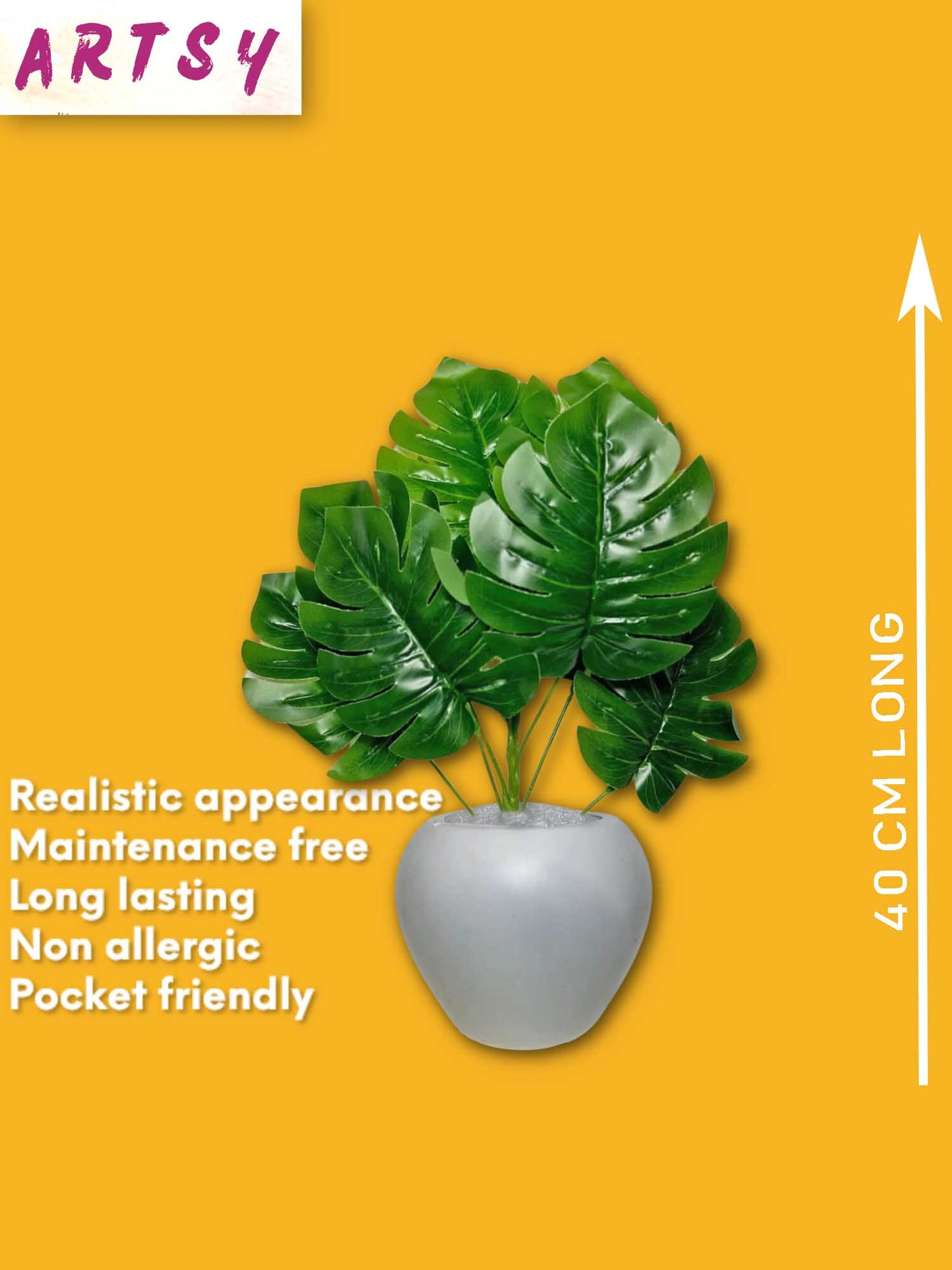 Artificial plants for home decor, big size plant leaves bunch with pot for home/office decor, gift, craft, artificial flowers, 40 cm height, pack of 1 piece, Monstera green