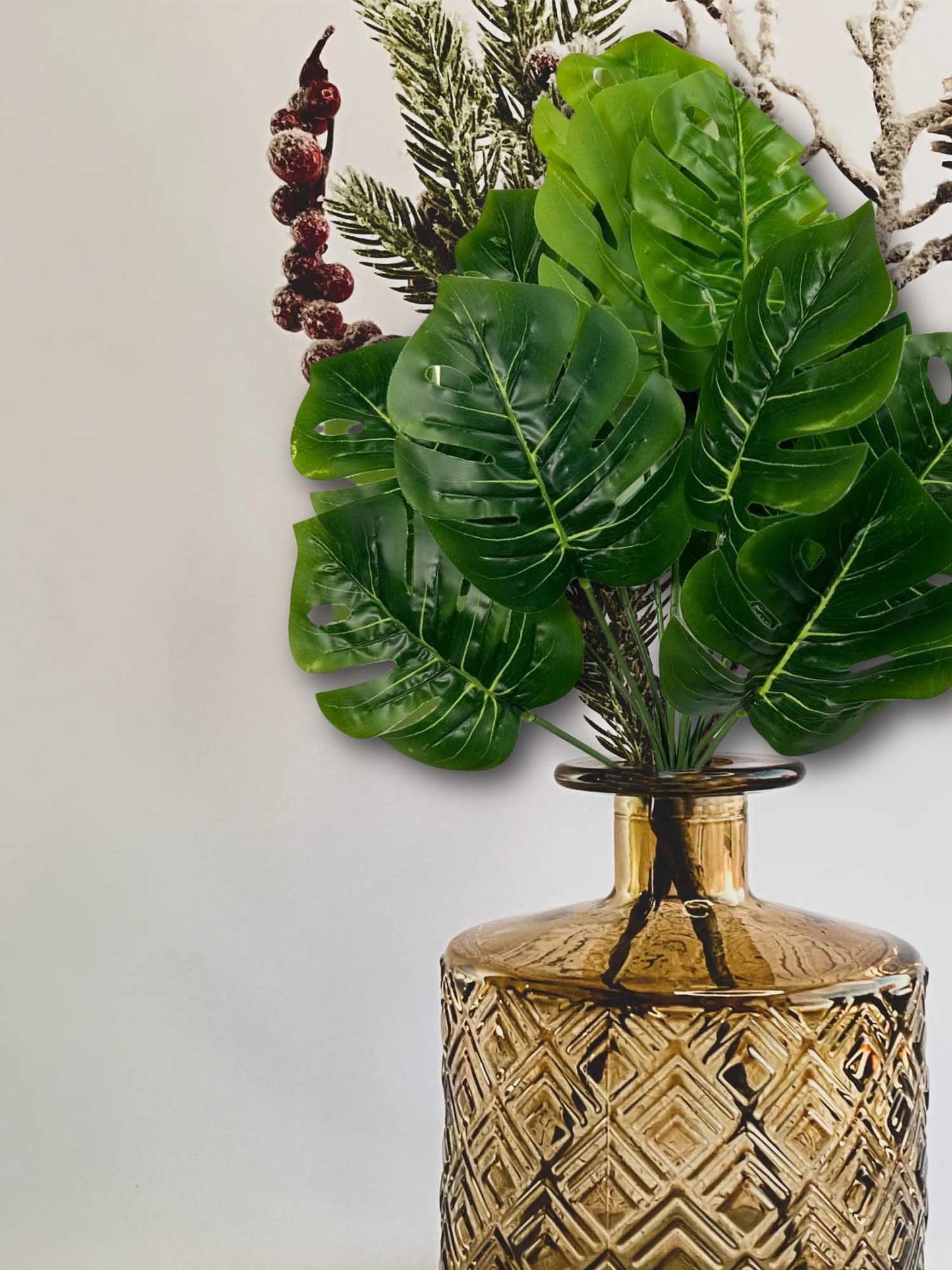 Artificial plants for home decor, big Monsters leaves bunch for pot/vase, home/office decor, gift, craft, artificial flowers, without vase, 12 branches each, 1 piece, 45 cm height, green