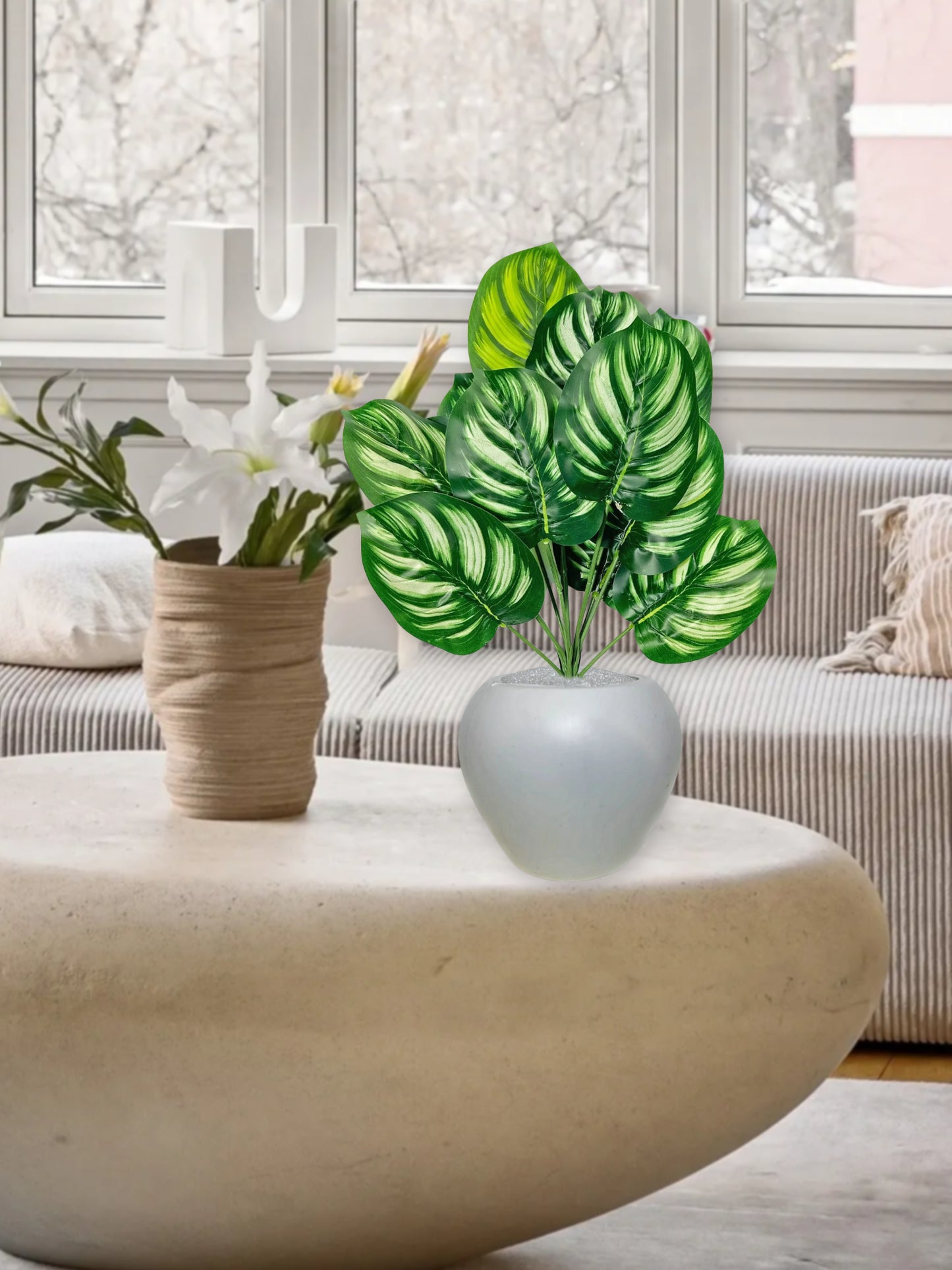 Artificial plants for home decor, big size monstera plant leaves bunch with pot for home/office decor, gift, craft, artificial flowers, combo with pot 45 cm height, pack of 1 piece, Multi