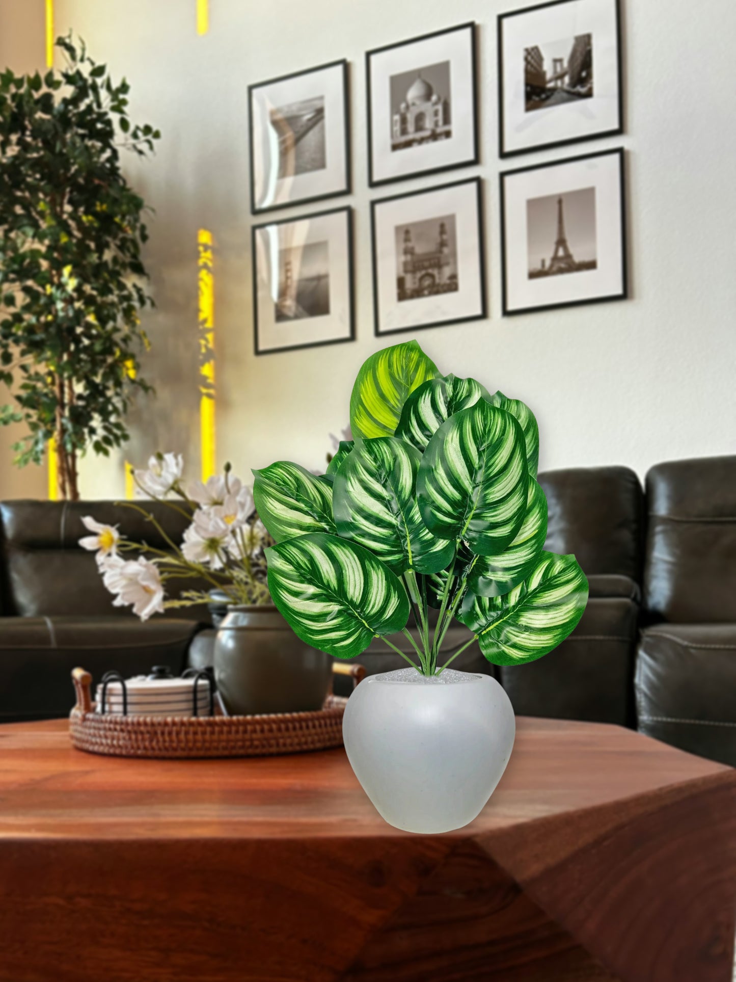 Artificial plants for home decor, big size monstera plant leaves bunch with pot for home/office decor, gift, craft, artificial flowers, combo with pot 45 cm height, pack of 1 piece, Multi
