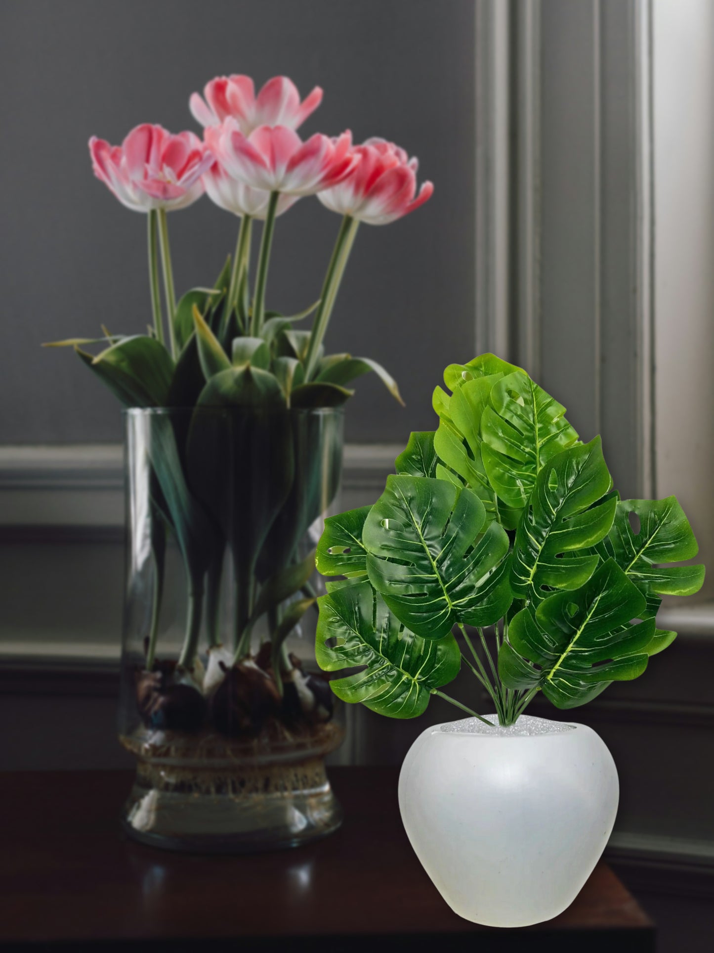 Artificial plants for home decor, big size monstera plant leaves bunch with pot for home/office decor, gift, craft, artificial flowers, combo with pot 45 cm height, 1 piece