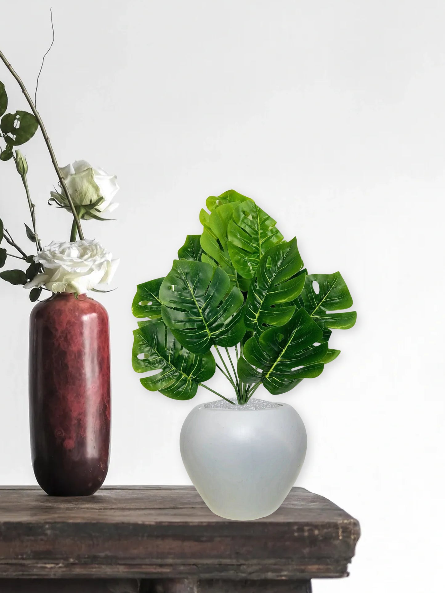 Artificial plants for home decor, big size monstera plant leaves bunch with pot for home/office decor, gift, craft, artificial flowers, combo with pot 45 cm height, 1 piece