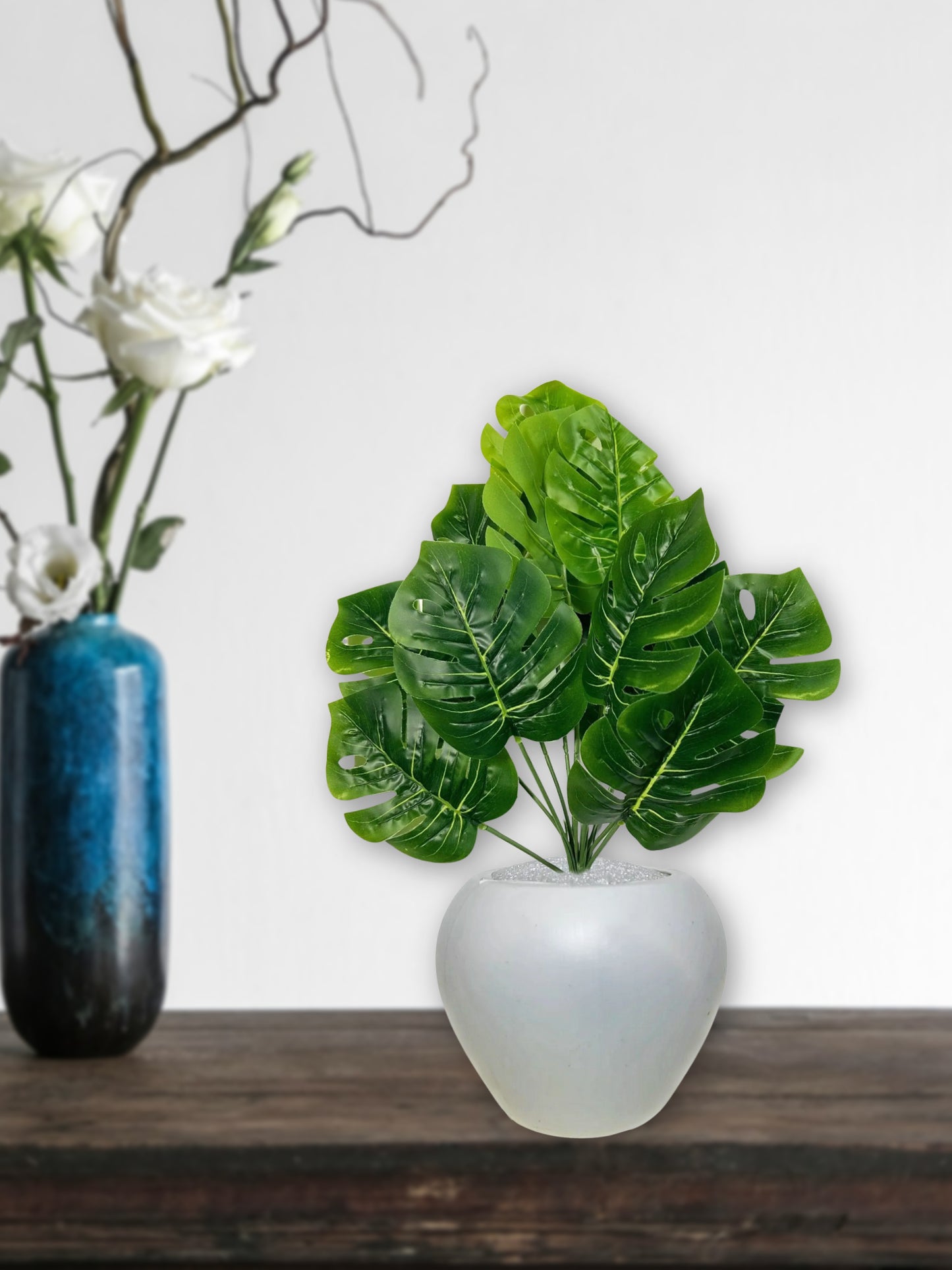 Artificial plants for home decor, big size monstera plant leaves bunch with pot for home/office decor, gift, craft, artificial flowers, combo with pot 45 cm height, 1 piece