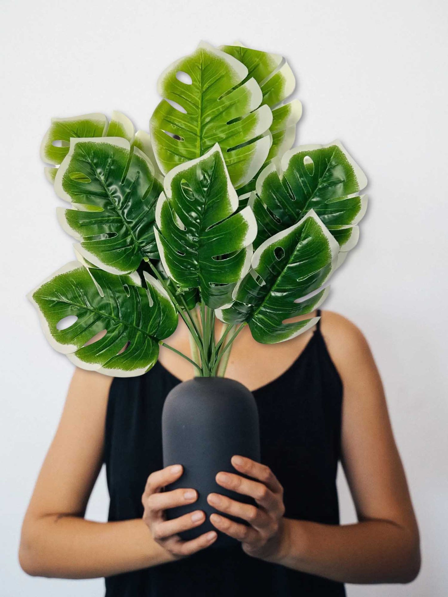 Artificial plants for home decor, big Monsters plant leaves bunch for pot/vase, office decor, gift, craft, artificial flowers, without vase, 12 branches each, 1 piece, 45 cm height, white Green