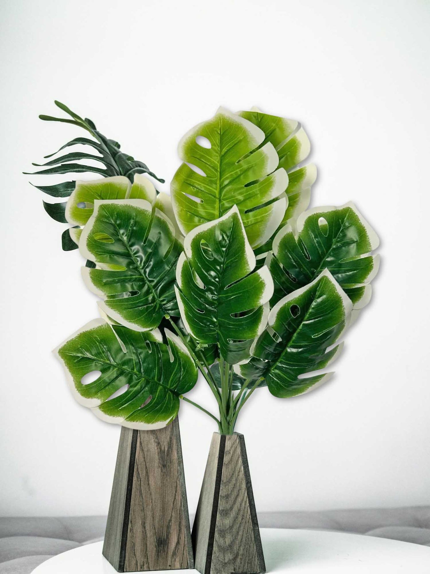 Artificial plants for home decor, big Monsters plant leaves bunch for pot/vase, office decor, gift, craft, artificial flowers, without vase, 12 branches each, 1 piece, 45 cm height, white Green
