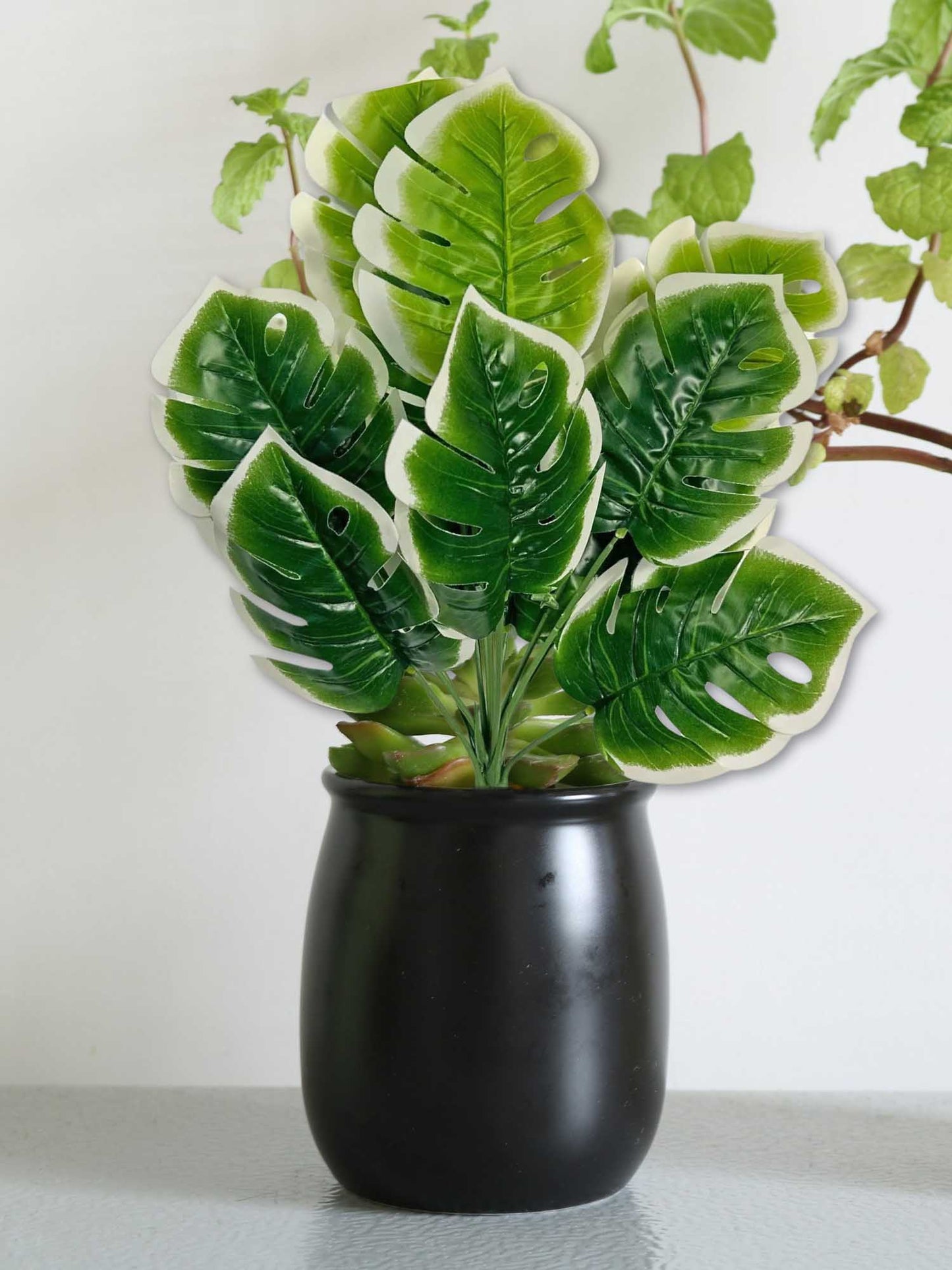 Artificial plants for home decor, big Monsters plant leaves bunch for pot/vase, office decor, gift, craft, artificial flowers, without vase, 12 branches each, 1 piece, 45 cm height, white Green