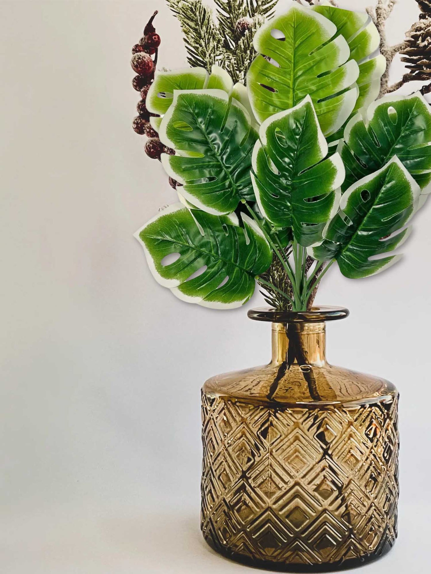 Artificial plants for home decor, big Monsters plant leaves bunch for pot/vase, office decor, gift, craft, artificial flowers, without vase, 12 branches each, 1 piece, 45 cm height, white Green