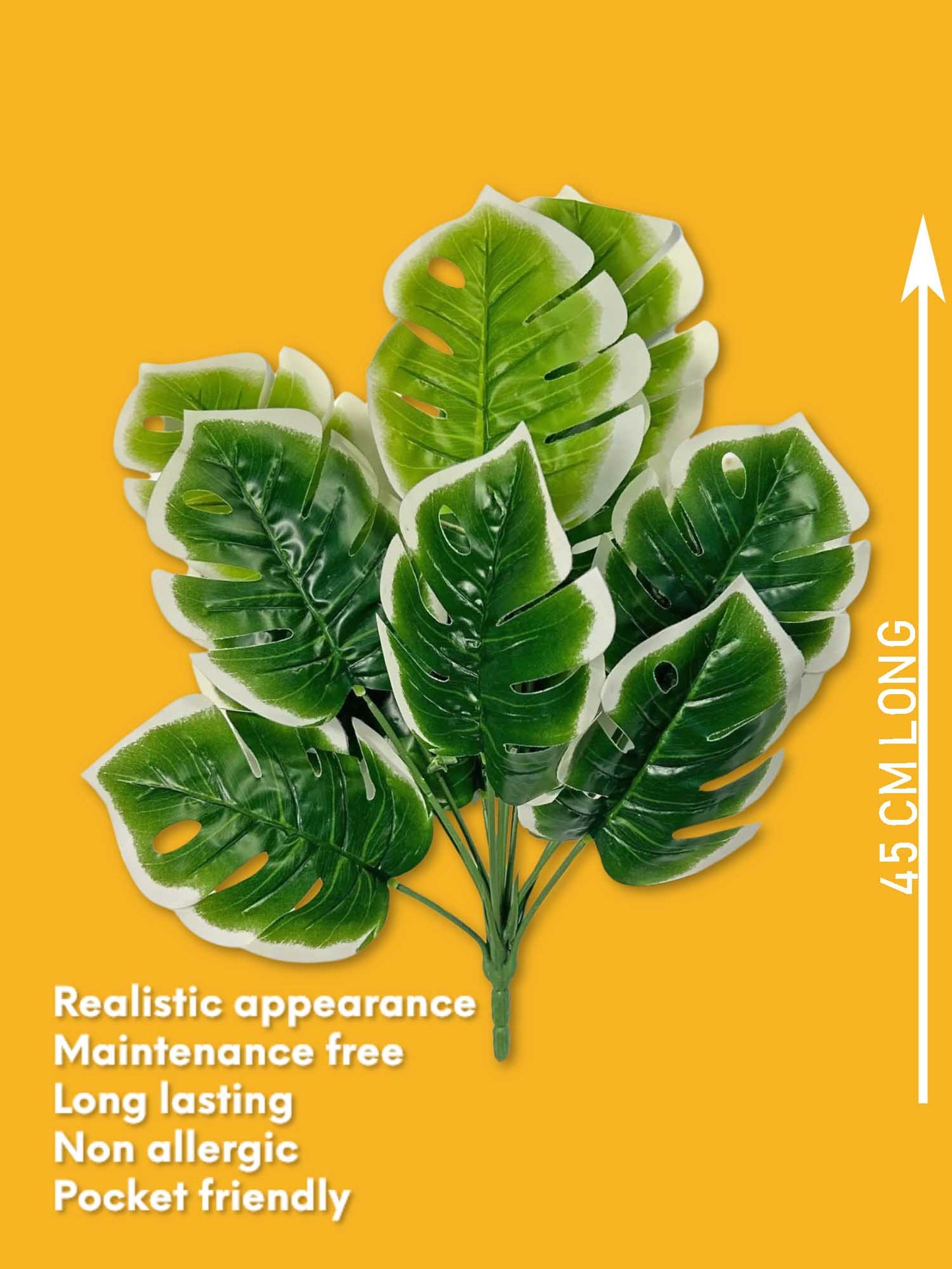 Artificial plants for home decor, big Monsters plant leaves bunch for pot/vase, office decor, gift, craft, artificial flowers, without vase, 12 branches each, 1 piece, 45 cm height, white Green