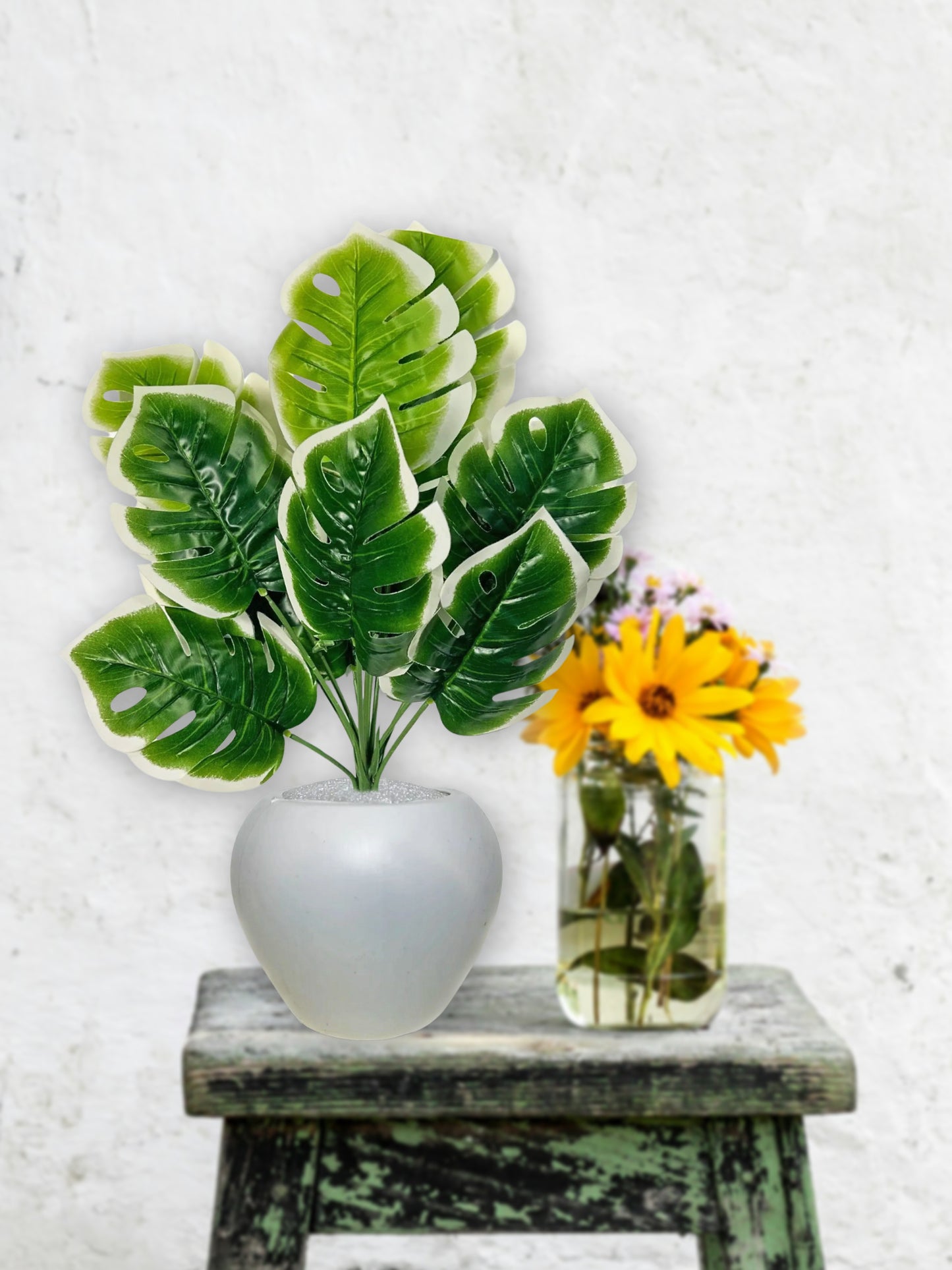 Artificial plants for home decor, big size monstera plant leaves bunch with pot for home/office decor, gift, craft, artificial flowers, combo with pot 45 cm height, pack of 1 piece, White green