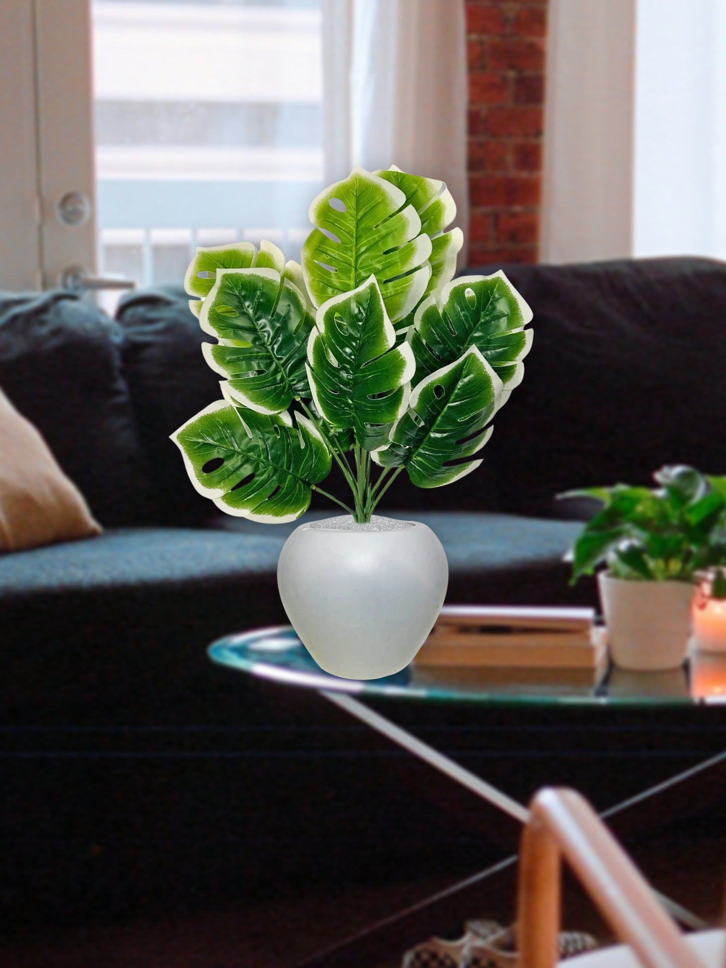 Artificial plants for home decor, big size monstera plant leaves bunch with pot for home/office decor, gift, craft, artificial flowers, combo with pot 45 cm height, pack of 1 piece, White green