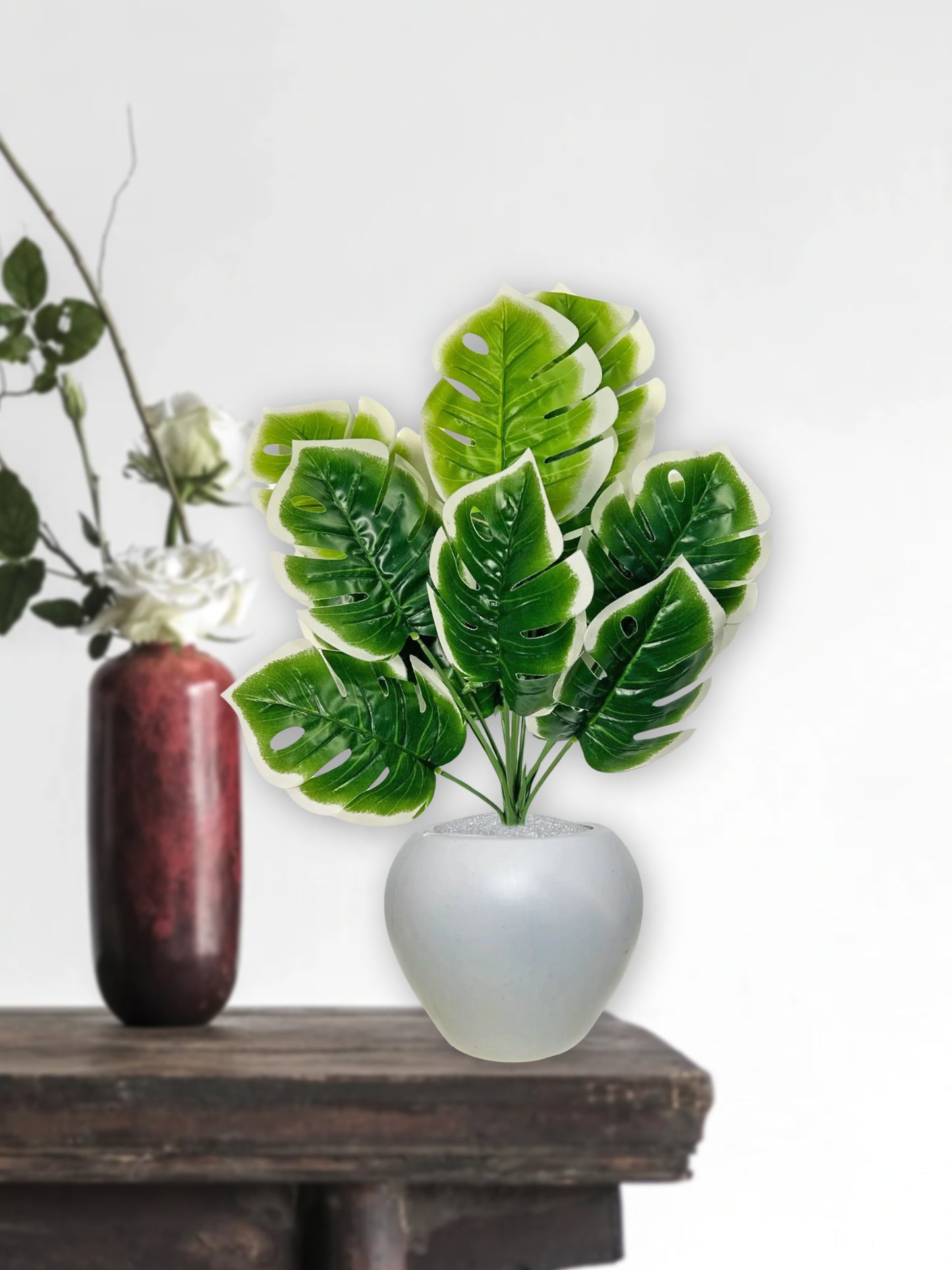 Artificial plants for home decor, big size monstera plant leaves bunch with pot for home/office decor, gift, craft, artificial flowers, combo with pot 45 cm height, pack of 1 piece, White green