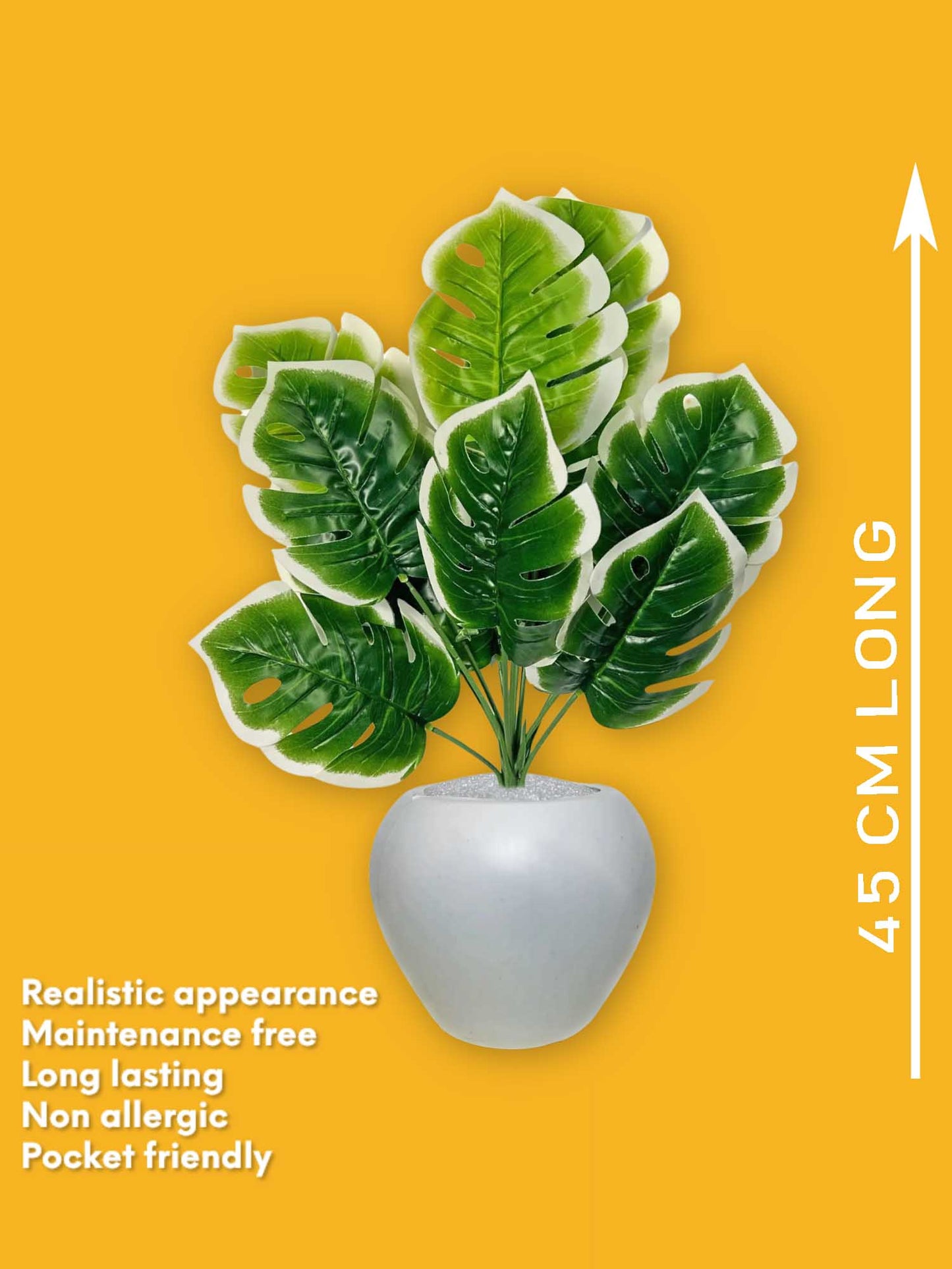 Artificial plants for home decor, big size monstera plant leaves bunch with pot for home/office decor, gift, craft, artificial flowers, combo with pot 45 cm height, pack of 1 piece, White green