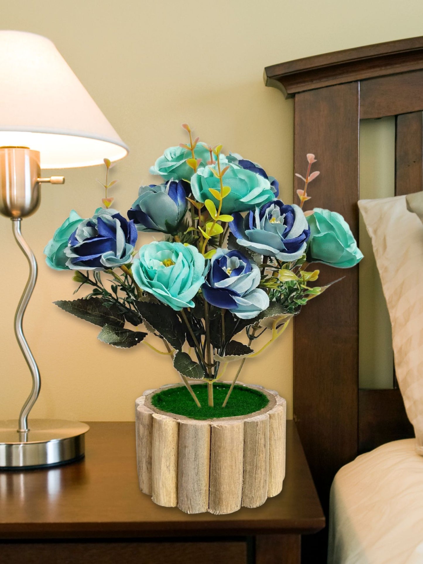 Artificial flowers with wooden pot for decoration for table top, home decor, office decor, rose flowers, artificial plant, craft, gift, combo, pack of 1 piece, Blue, 45 cm height