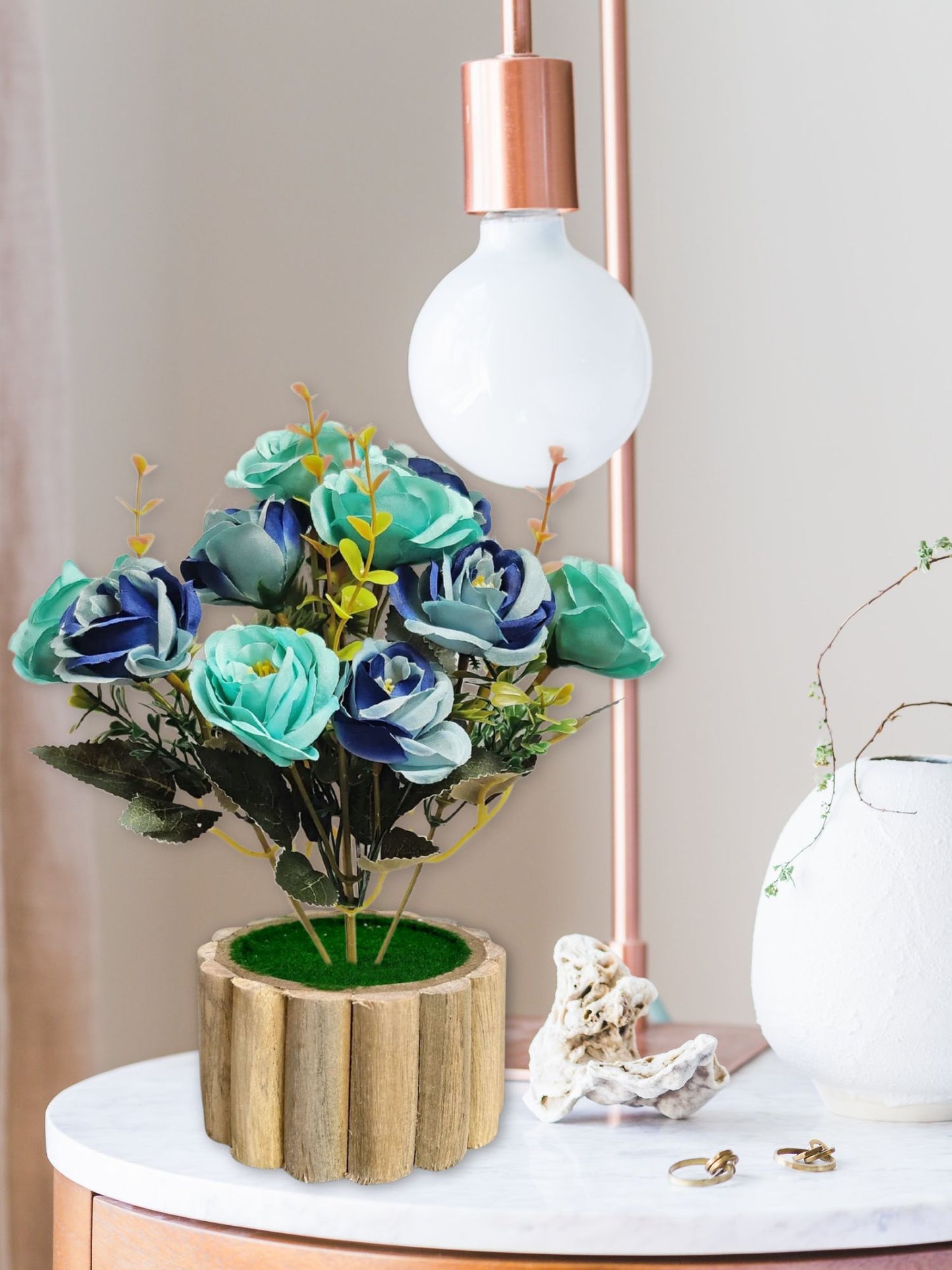 Artificial flowers with wooden pot for decoration for table top, home decor, office decor, rose flowers, artificial plant, craft, gift, combo, pack of 1 piece, Blue, 45 cm height