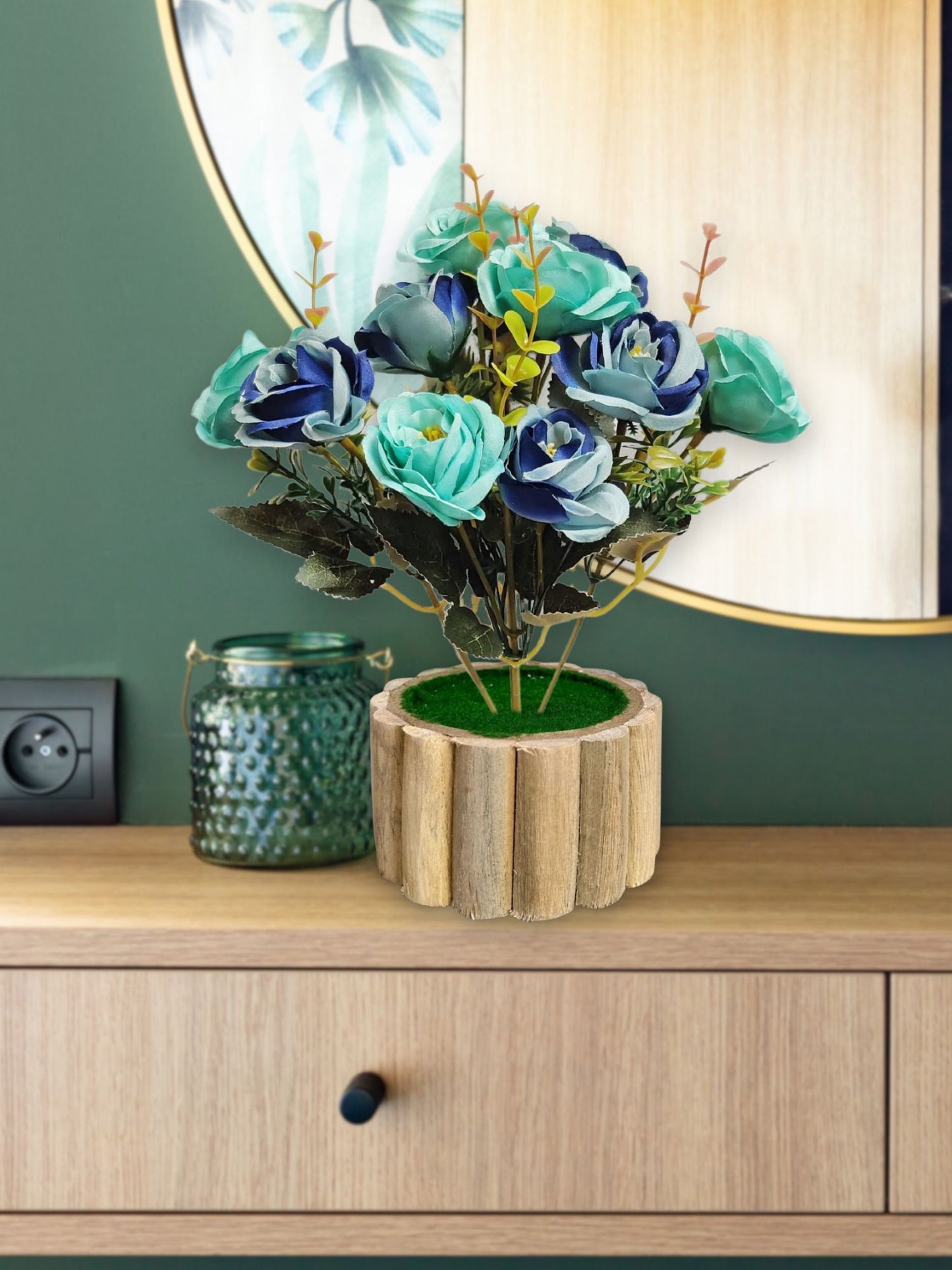 Artificial flowers with wooden pot for decoration for table top, home decor, office decor, rose flowers, artificial plant, craft, gift, combo, pack of 1 piece, Blue, 45 cm height