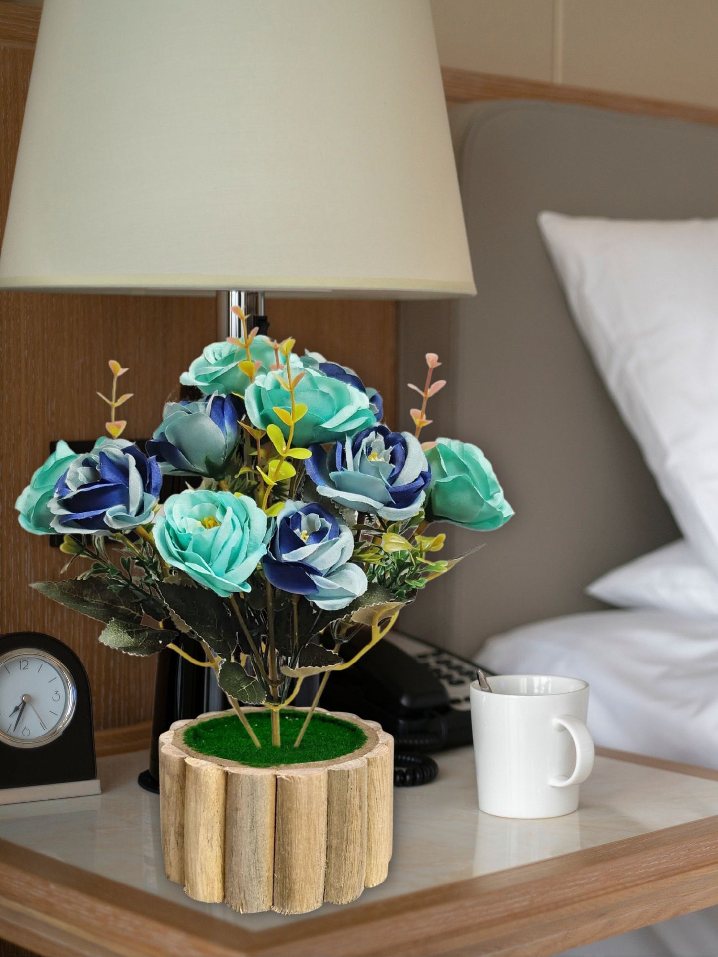 Artificial flowers with wooden pot for decoration for table top, home decor, office decor, rose flowers, artificial plant, craft, gift, combo, pack of 1 piece, Blue, 45 cm height
