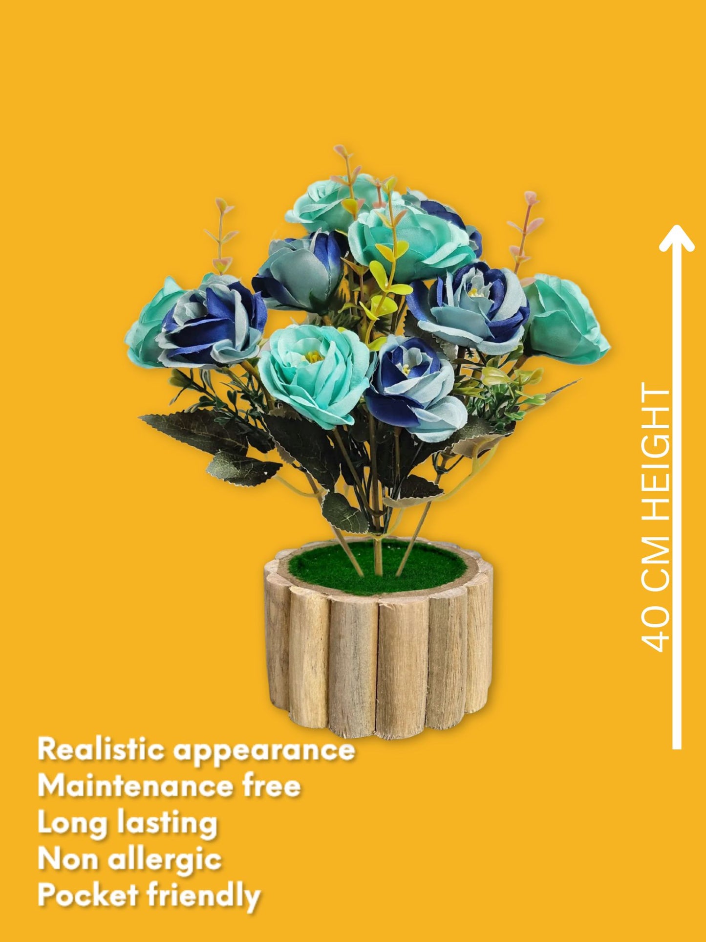 Artificial flowers with wooden pot for decoration for table top, home decor, office decor, rose flowers, artificial plant, craft, gift, combo, pack of 1 piece, Blue, 45 cm height