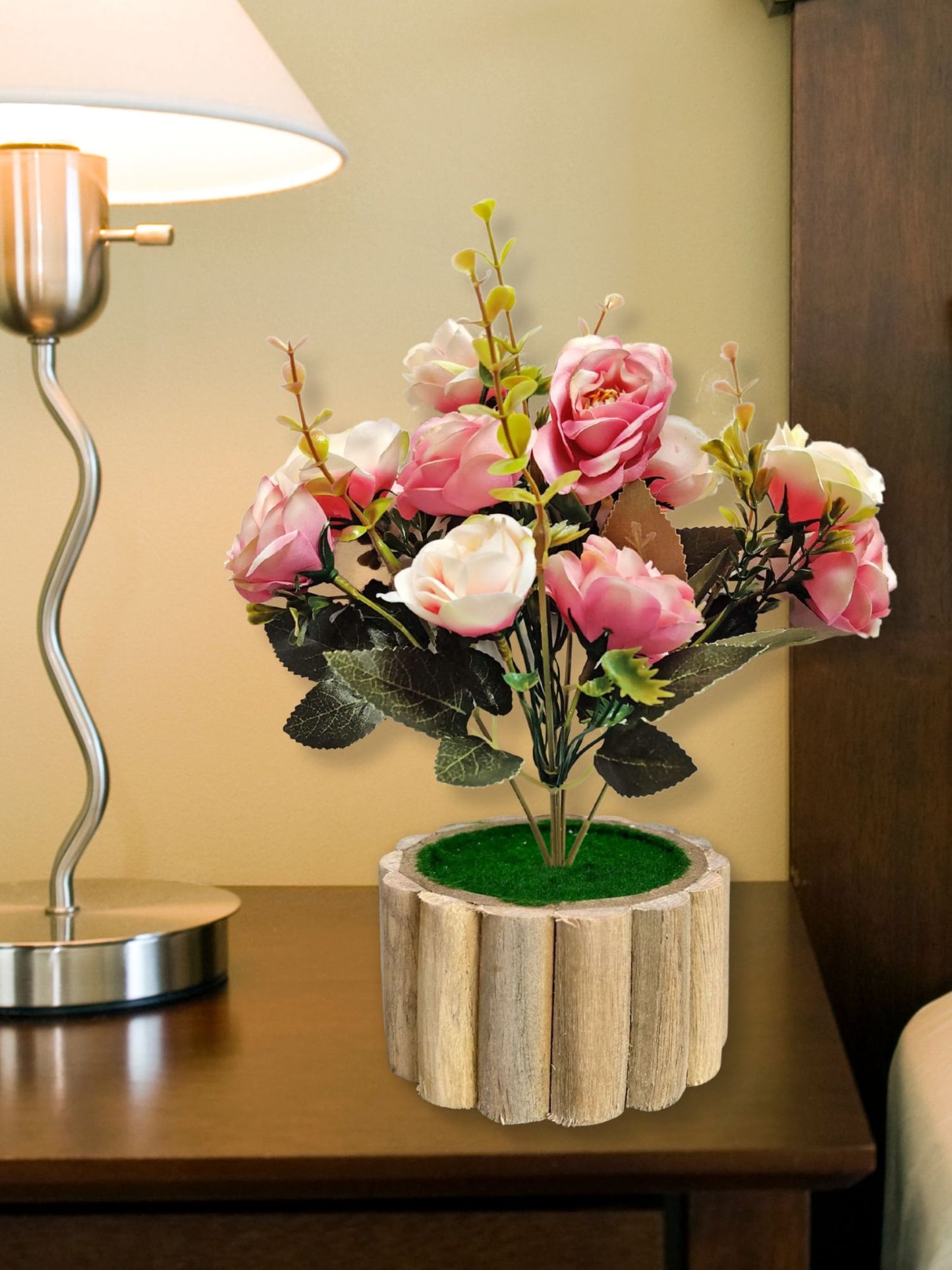 Artificial flowers with wooden pot for decoration for table top, home decor, office decor, rose flowers, artificial plant, craft, gift, combo, pack of 1 piece, Babypink, 45 cm height