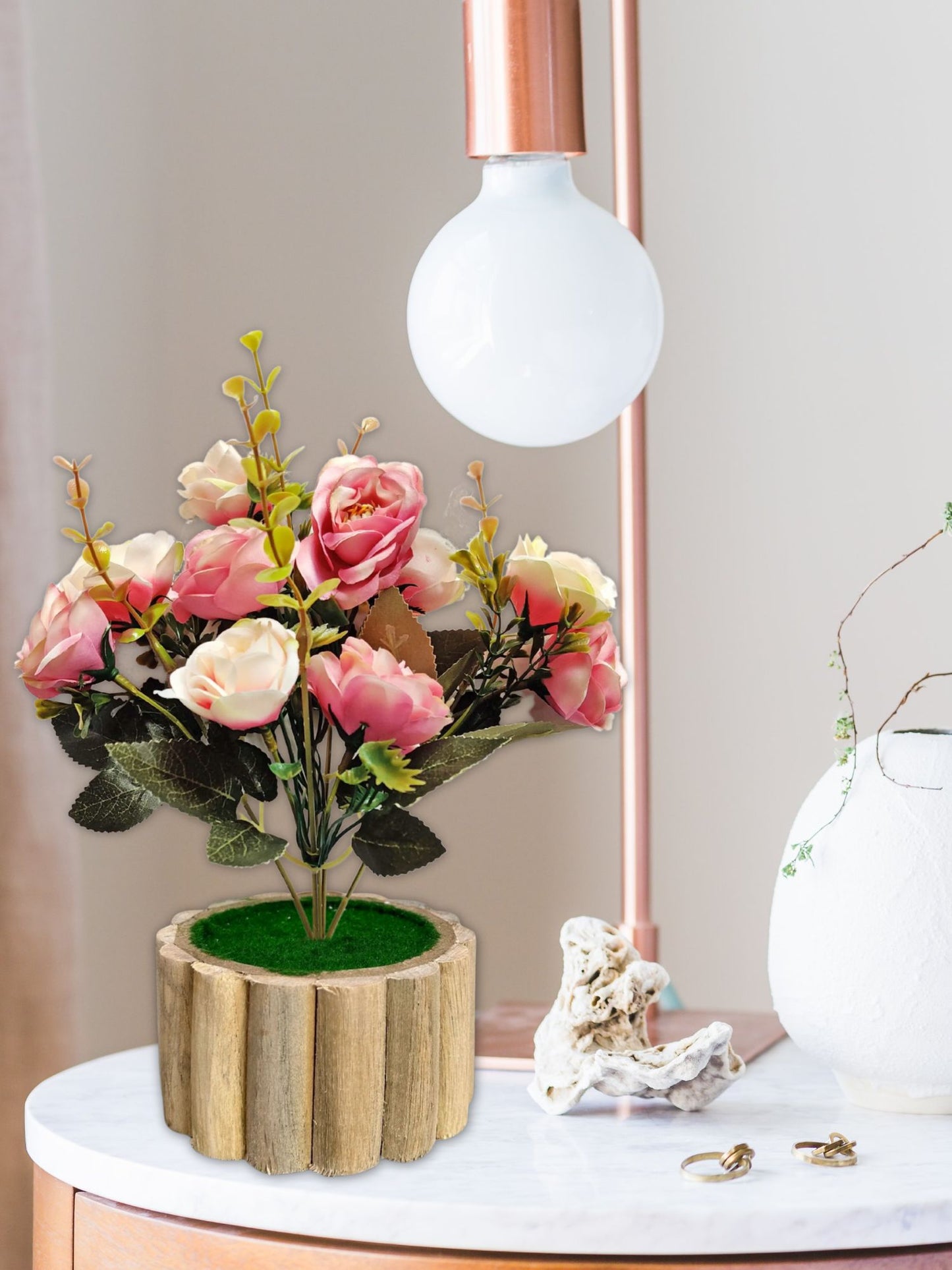 Artificial flowers with wooden pot for decoration for table top, home decor, office decor, rose flowers, artificial plant, craft, gift, combo, pack of 1 piece, Babypink, 45 cm height