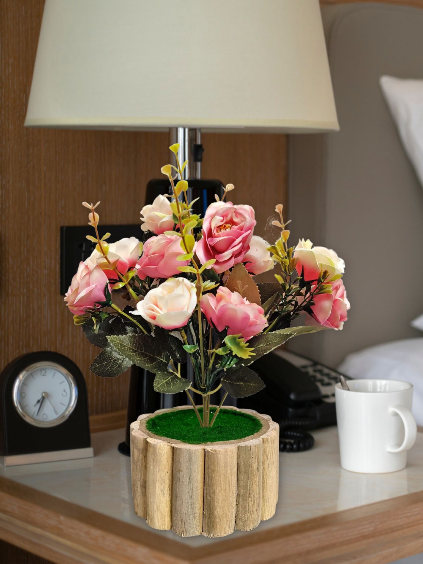 Artificial flowers with wooden pot for decoration for table top, home decor, office decor, rose flowers, artificial plant, craft, gift, combo, pack of 1 piece, Babypink, 45 cm height
