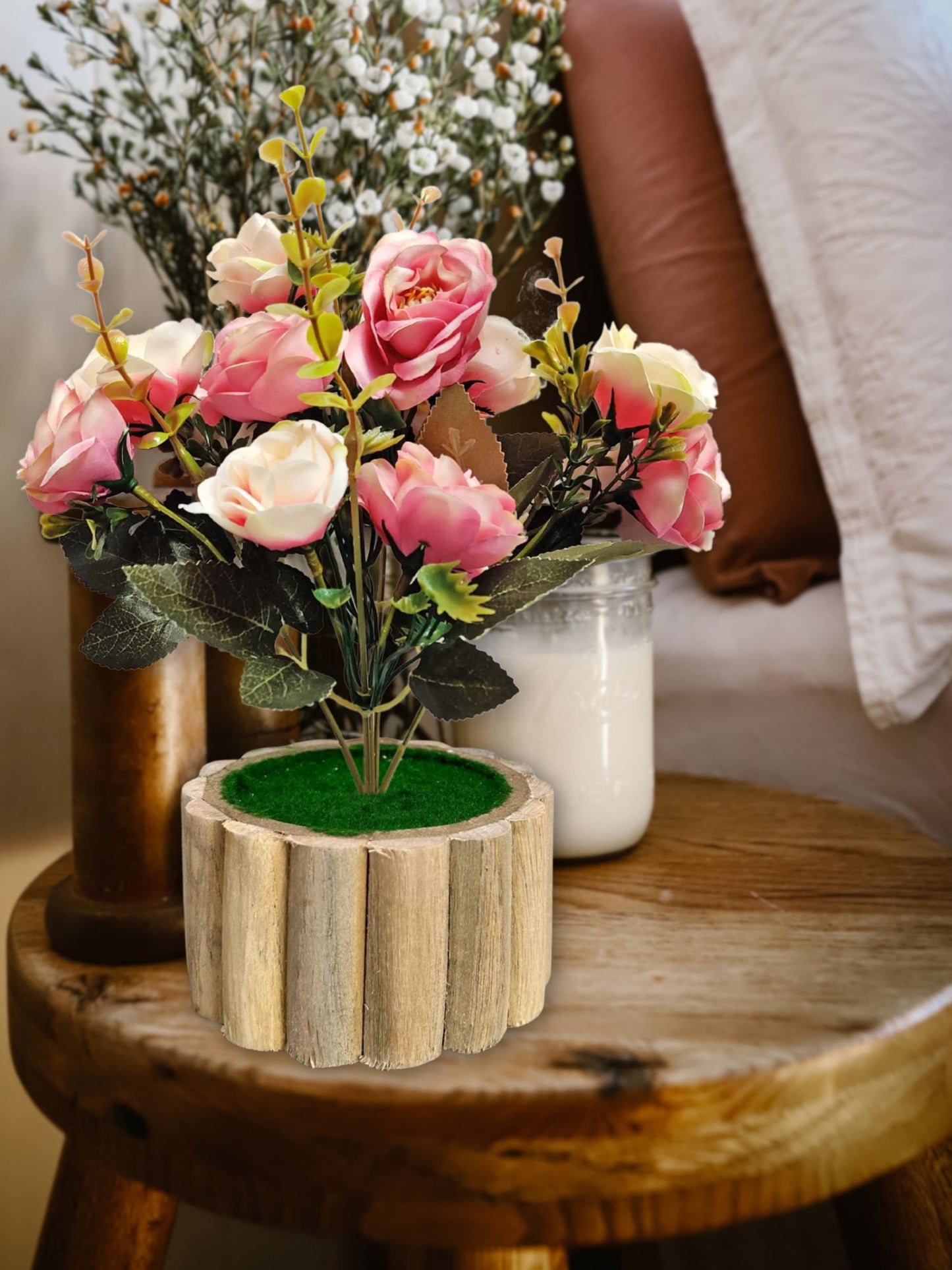 Artificial flowers with wooden pot for decoration for table top, home decor, office decor, rose flowers, artificial plant, craft, gift, combo, pack of 1 piece, Babypink, 45 cm height