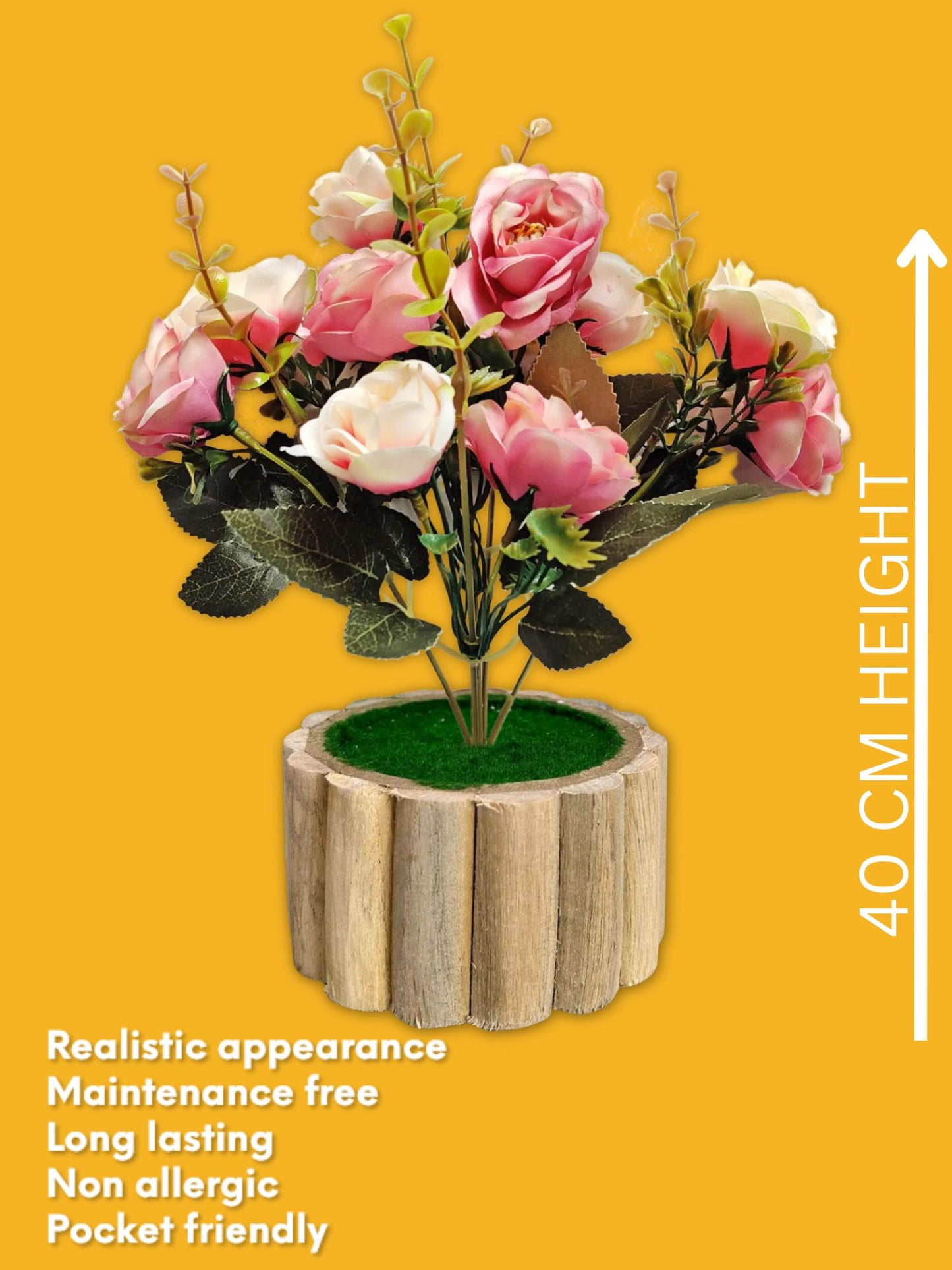 Artificial flowers with wooden pot for decoration for table top, home decor, office decor, rose flowers, artificial plant, craft, gift, combo, pack of 1 piece, Babypink, 45 cm height